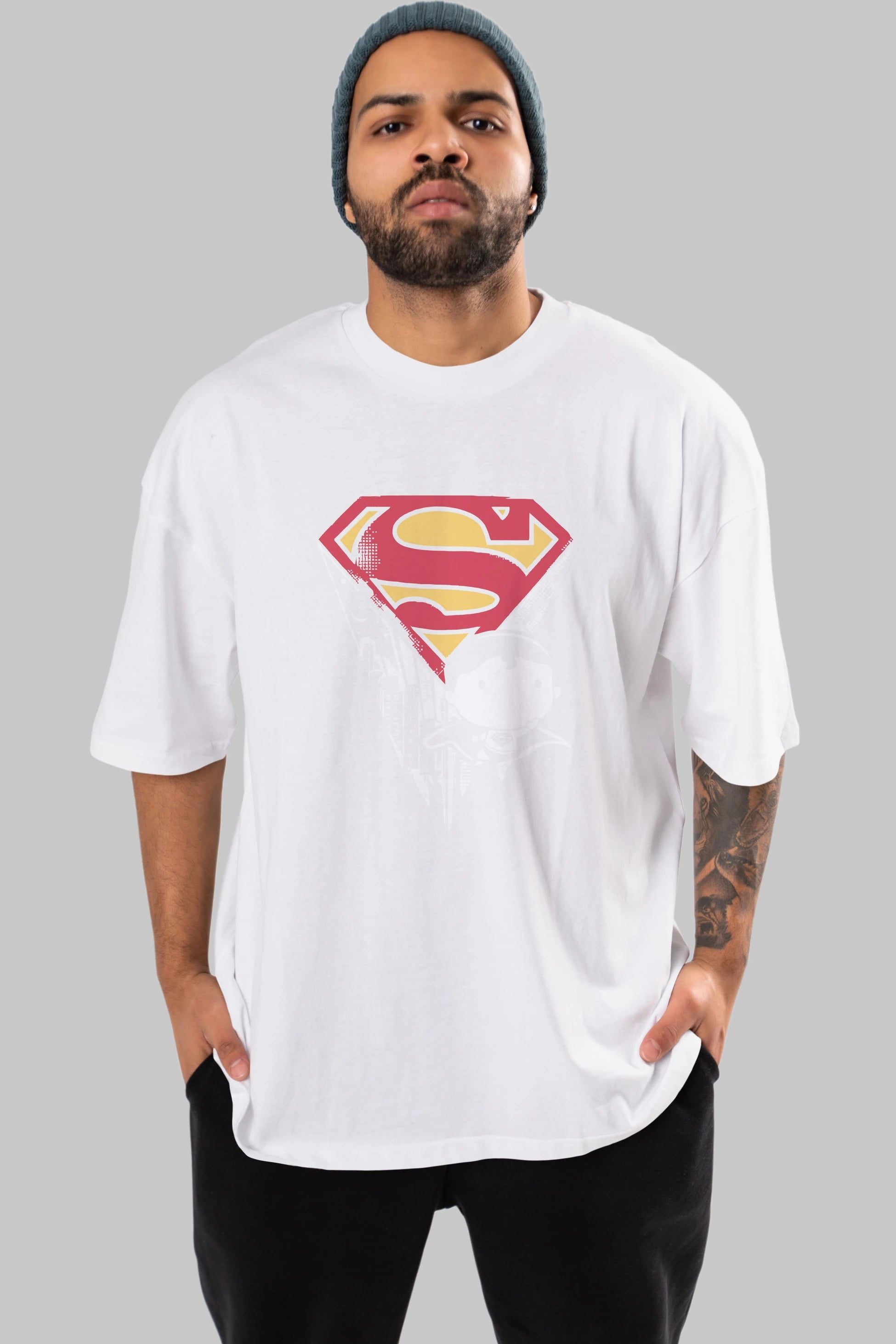 Superman Ön Baskılı Oversize t-shirt Erkek Kadın Unisex %100 Pamuk Bisiklet Yaka tişort