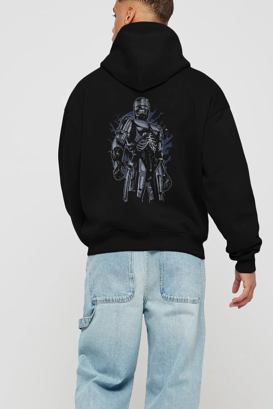 Roboskull Arka Baskılı Hoodie Oversize Kapüşonlu Sweatshirt Erkek Kadın Unisex
