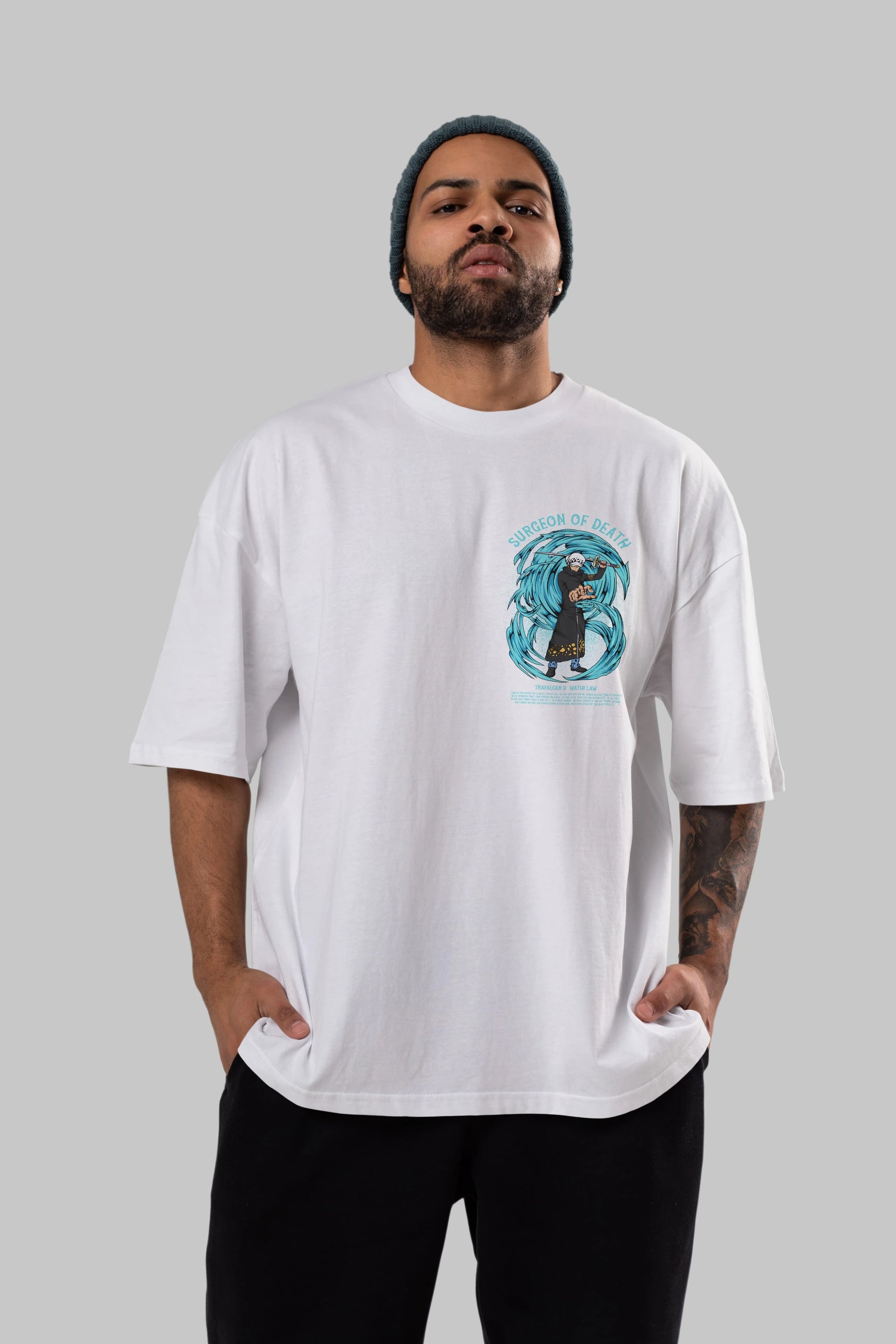 Trafalgad D. Water Law Ön Sol Baskılı Oversize t-shirt Erkek Kadın Unisex %100 Pamuk Bisiklet Yaka tişort