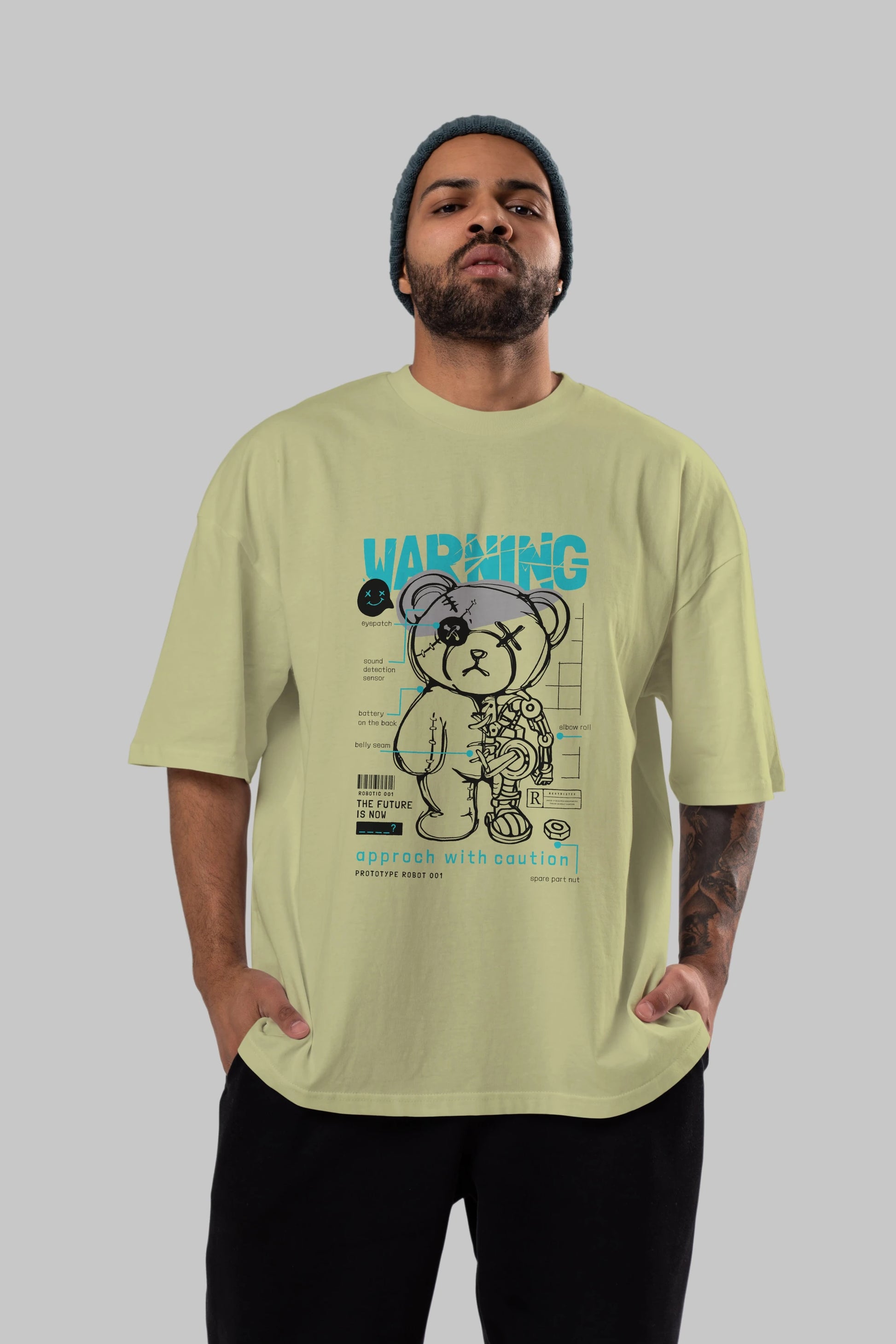 Teddy Bear Warning Ön Baskılı Oversize t-shirt Erkek Kadın Unisex