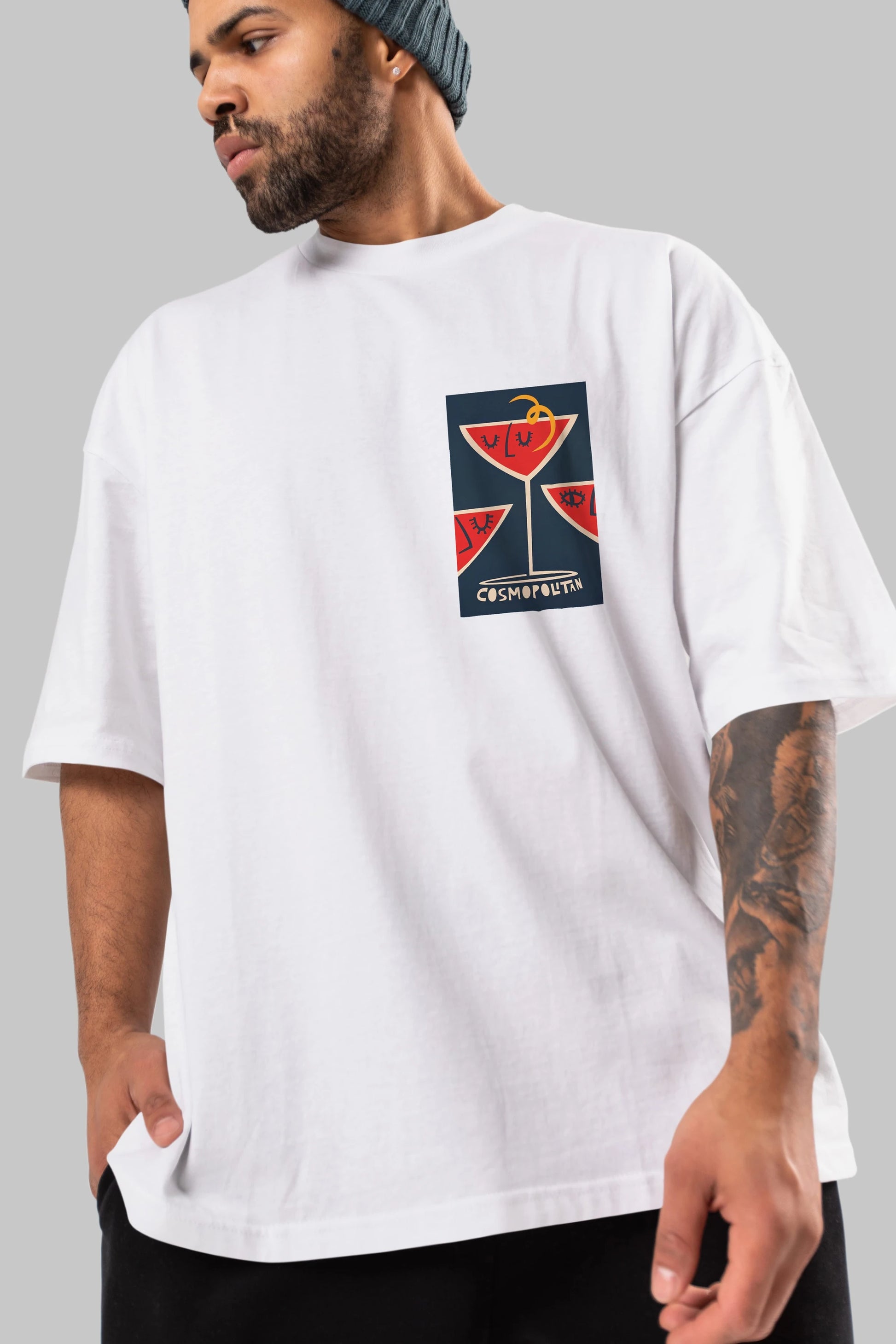 Cosmopolitan 4 Ön Sol Baskılı Oversize t-shirt Erkek Kadın Unisex %100 Pamuk Bisiklet Yaka tişort