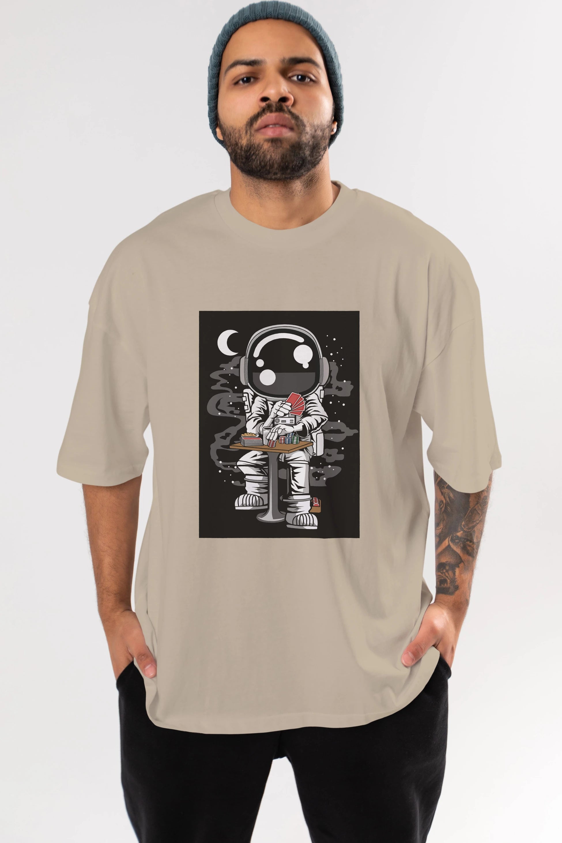 Astronaut Gambler Ön Baskılı Oversize t-shirt Erkek Kadın Unisex