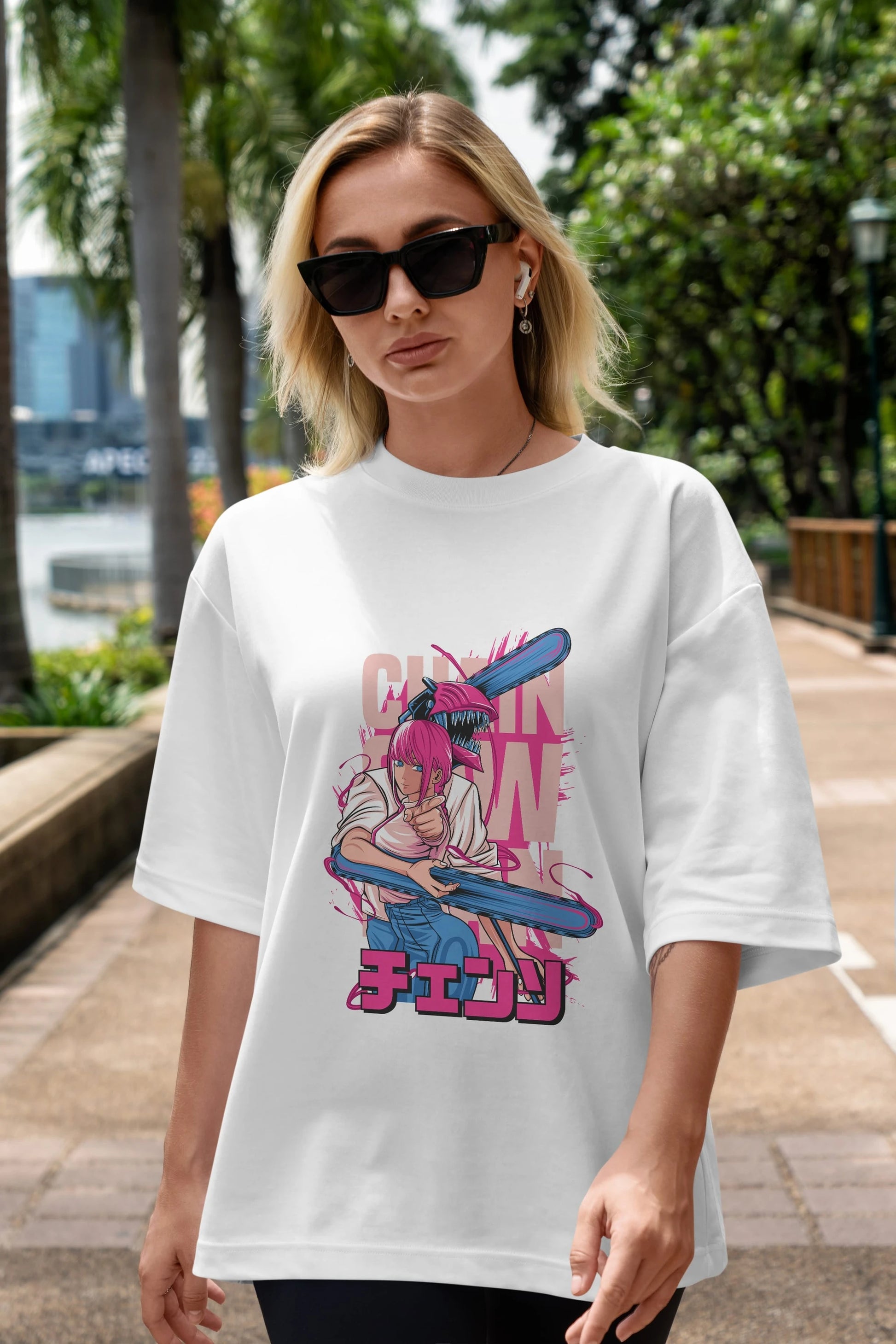 DENJI and MAKIMA Anime Ön Baskılı Oversize t-shirt %100 pamuk Erkek Kadın Unisex