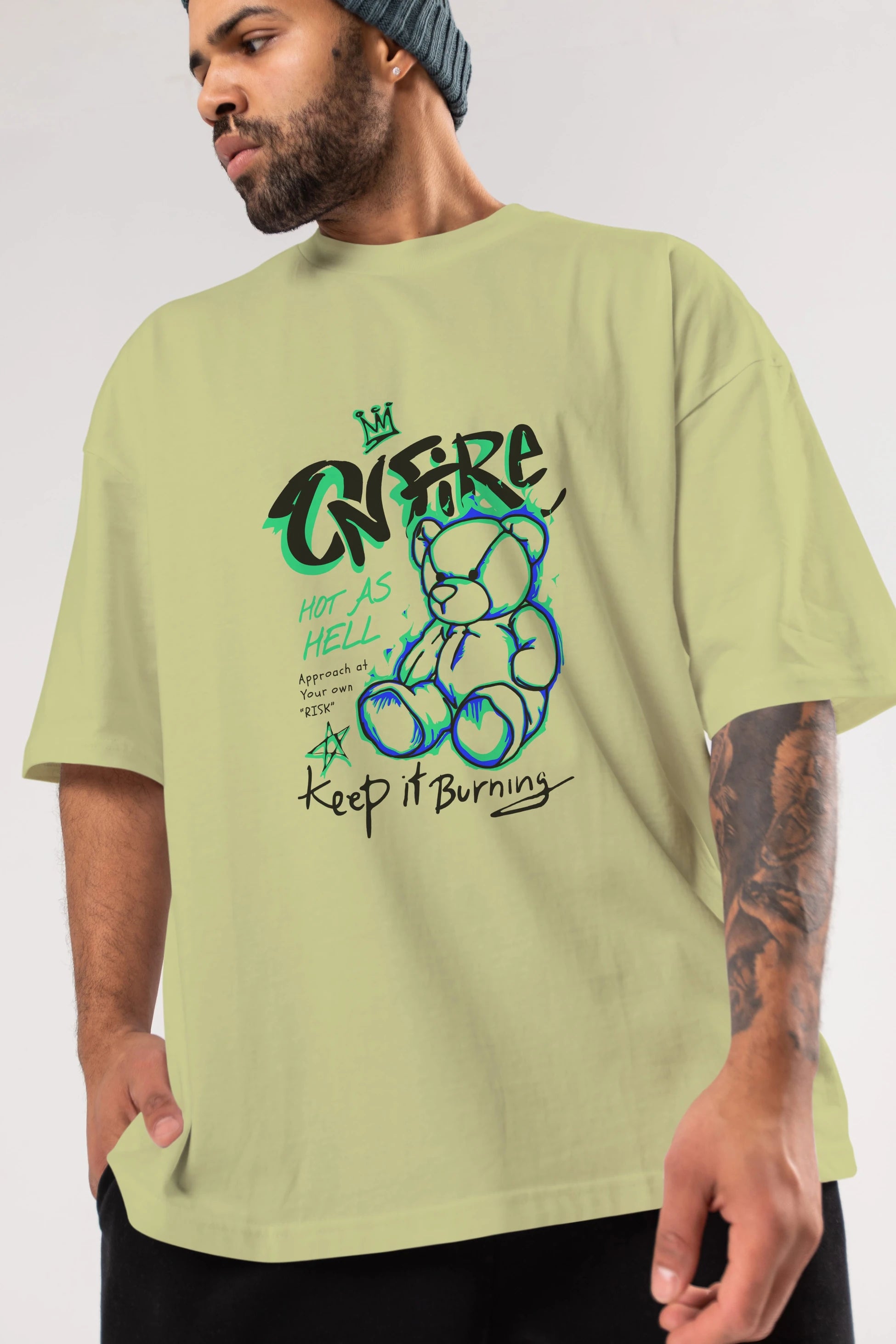 On Fire Bear Ön Baskılı Oversize t-shirt Erkek Kadın Unisex
