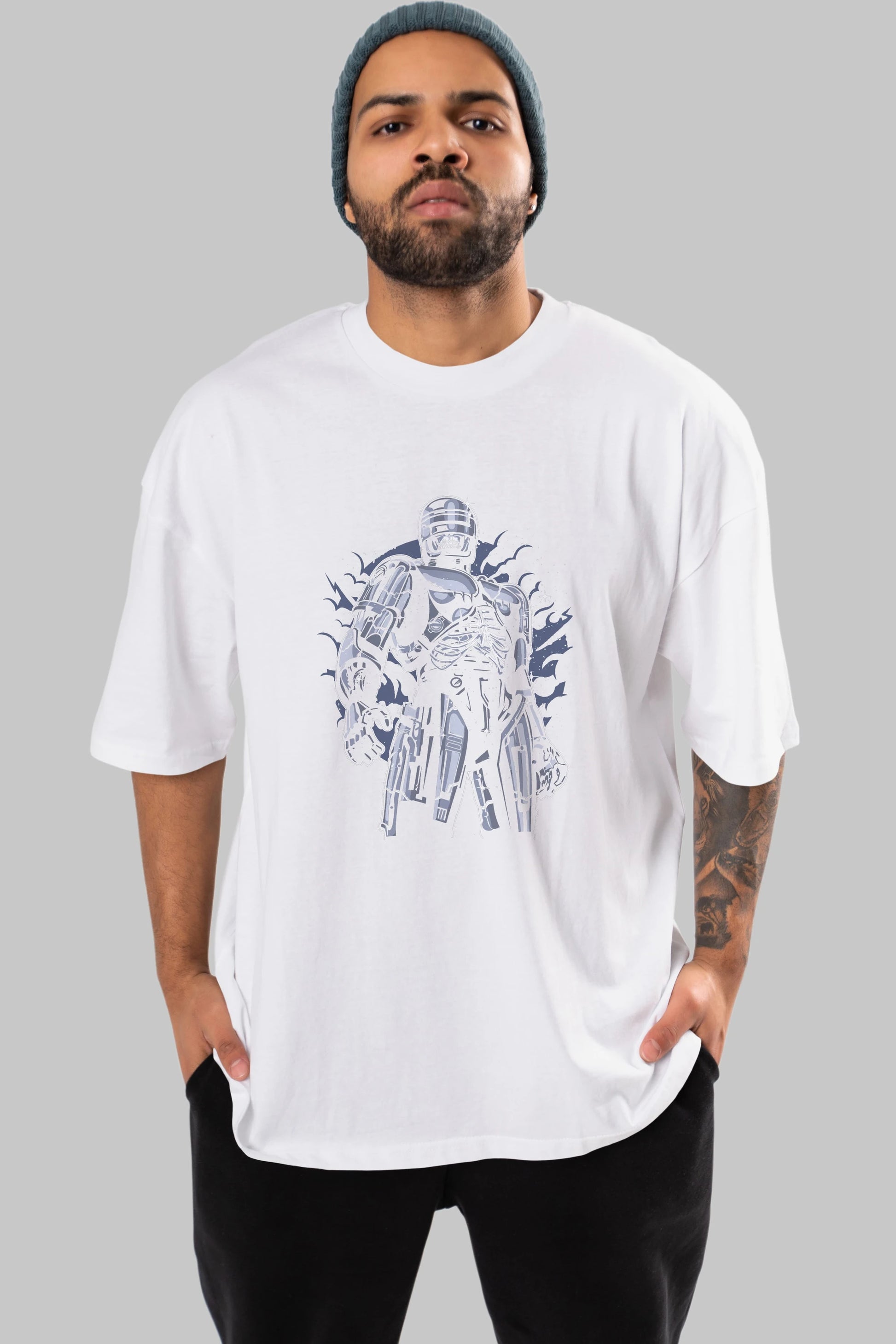 Roboskull Ön Baskılı Oversize t-shirt Erkek Kadın Unisex %100 Pamuk tişort