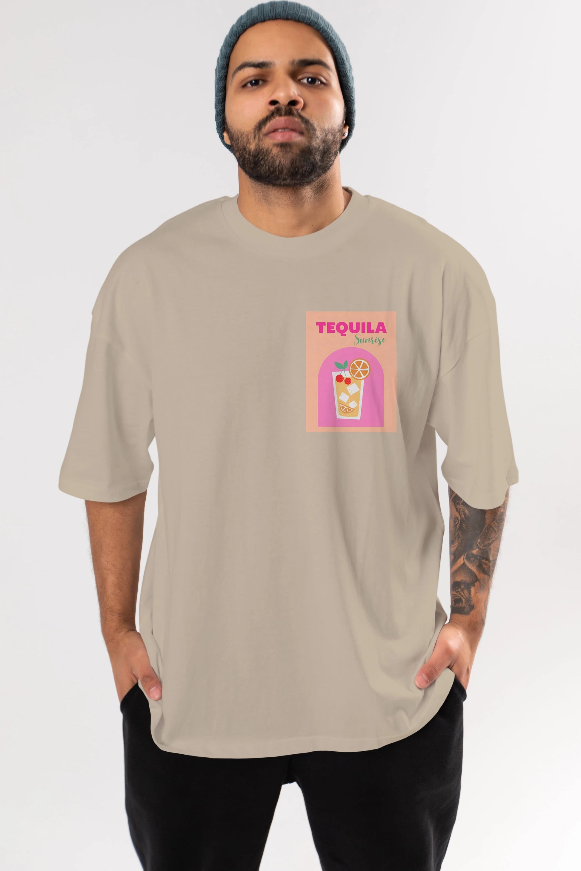 Tequila Sunrise 2 Ön Sol Baskılı Oversize t-shirt Erkek Kadın Unisex %100 Pamuk Bisiklet Yaka tişort