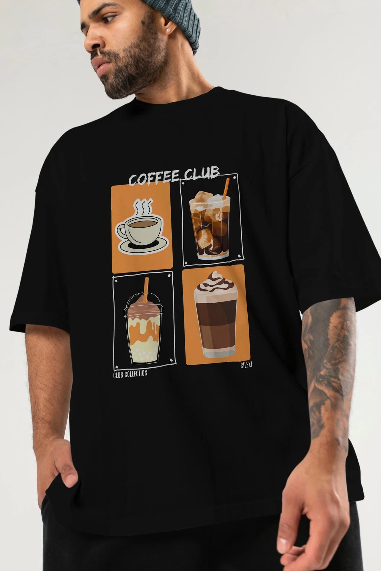 Coffee Club ön Baskılı Oversize t-shirt Erkek Kadın %100 Pamuk Bisiklet Yaka tişort