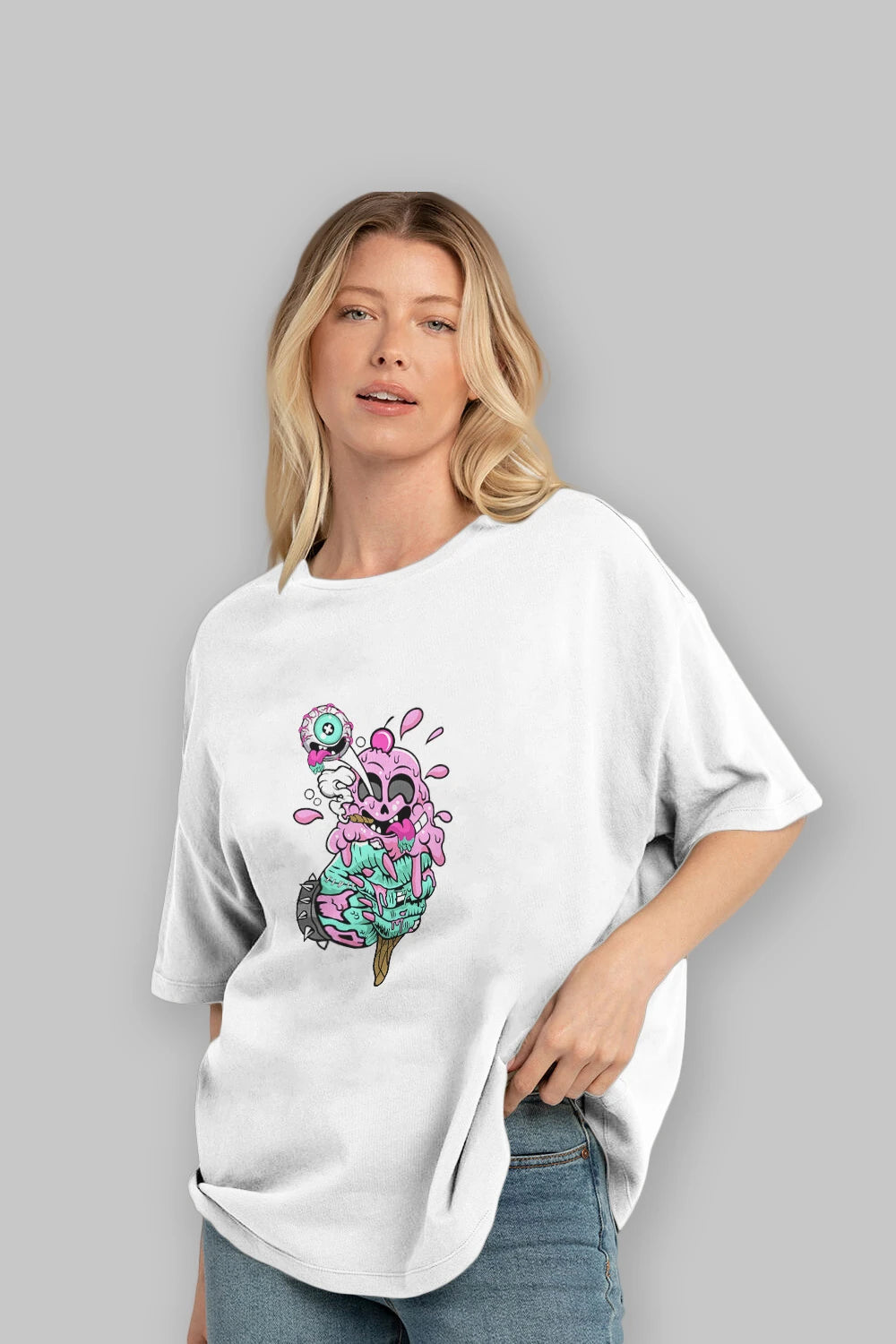 Ice Cream Zombie Ön Baskılı Oversize t-shirt Erkek Kadın Unisex %100 Pamuk tişort