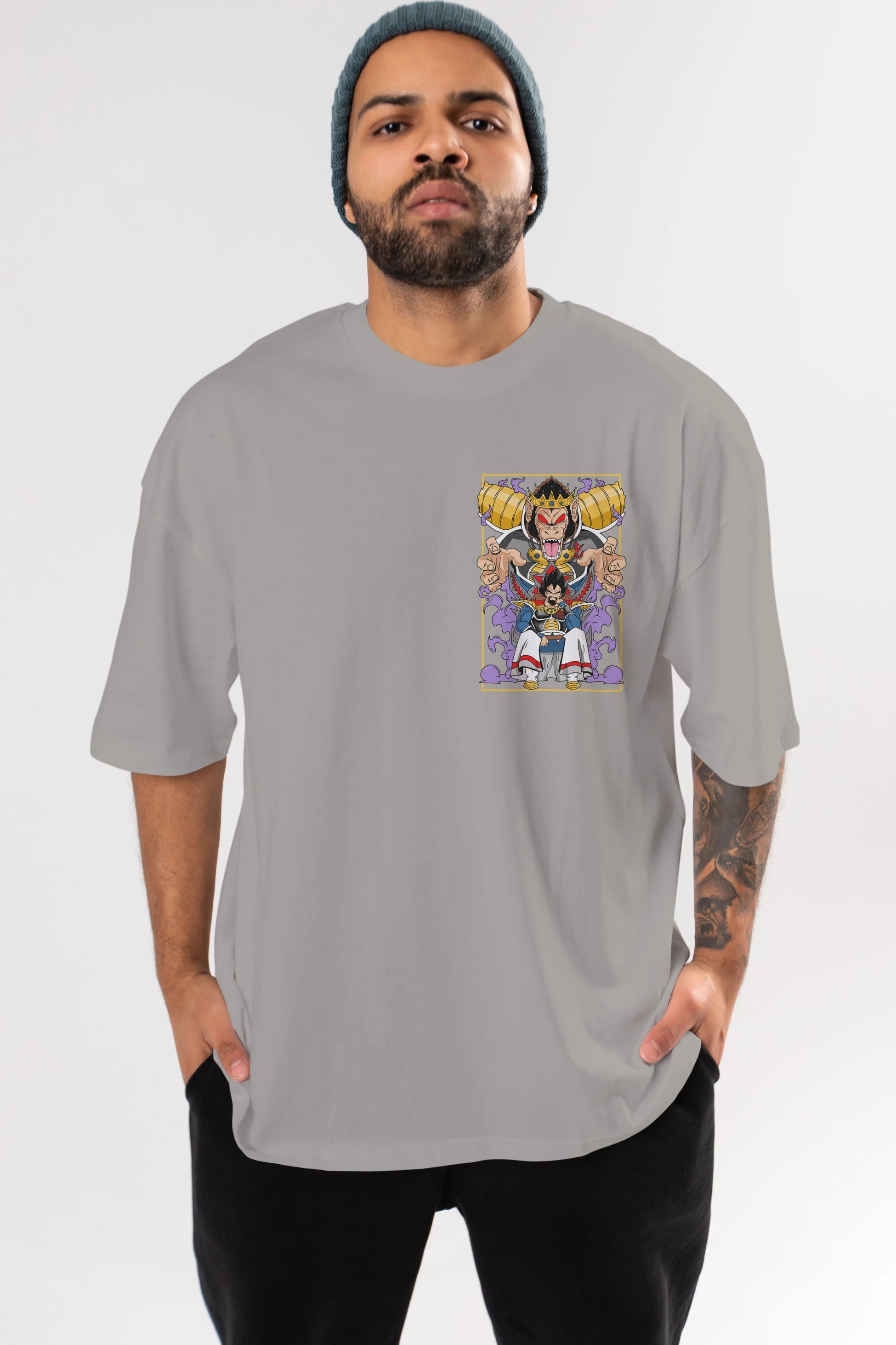 DragonBall ReyVegeta Ön Sol Baskılı Oversize t-shirt Erkek Kadın Unisex %100 Pamuk Bisiklet Yaka tişort