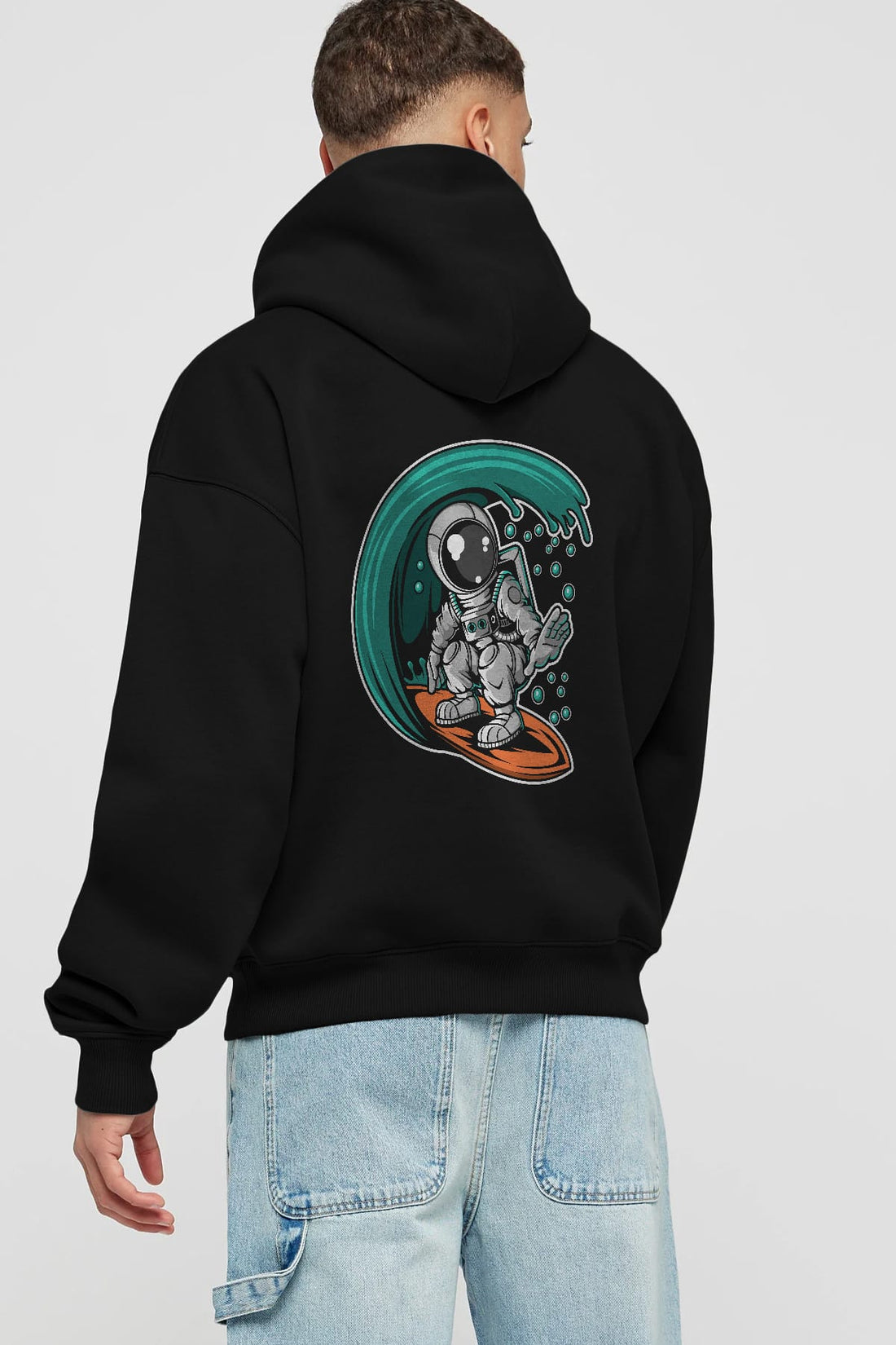 Astronaut Surfing Arka Baskılı Hoodie Oversize Kapüşonlu Sweatshirt Erkek Kadın Unisex
