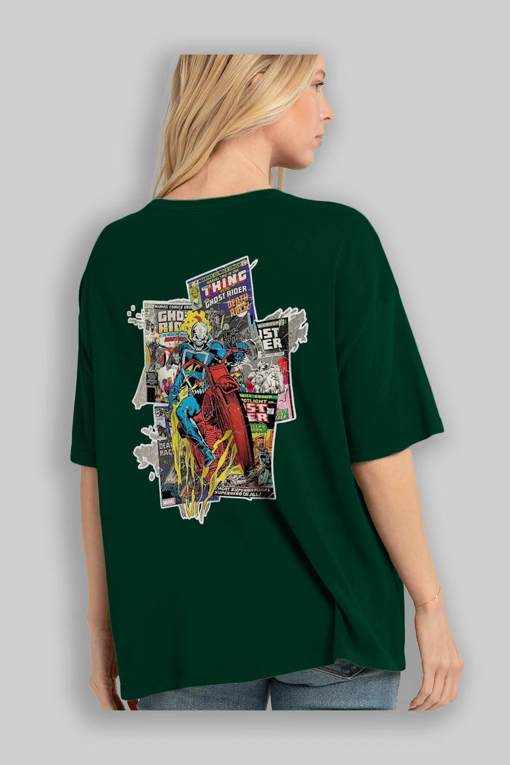 Ghost Rider Arka Baskılı Oversize t-shirt Erkek Kadın Unisex %100 Pamuk Bisiklet Yaka tişort