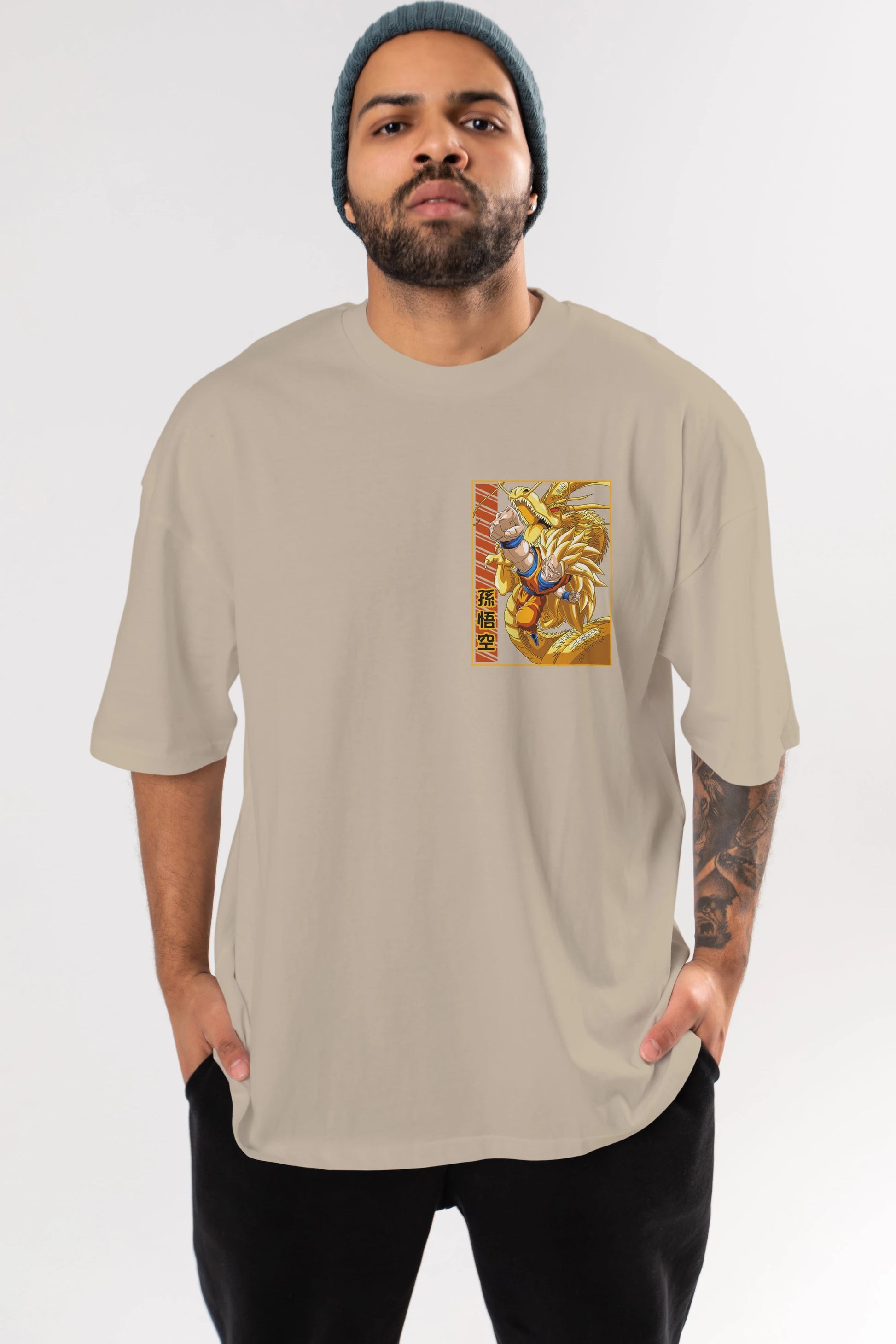 DragonBall Goku Ön Sol Baskılı Oversize t-shirt Erkek Kadın Unisex %100 Pamuk Bisiklet Yaka tişort