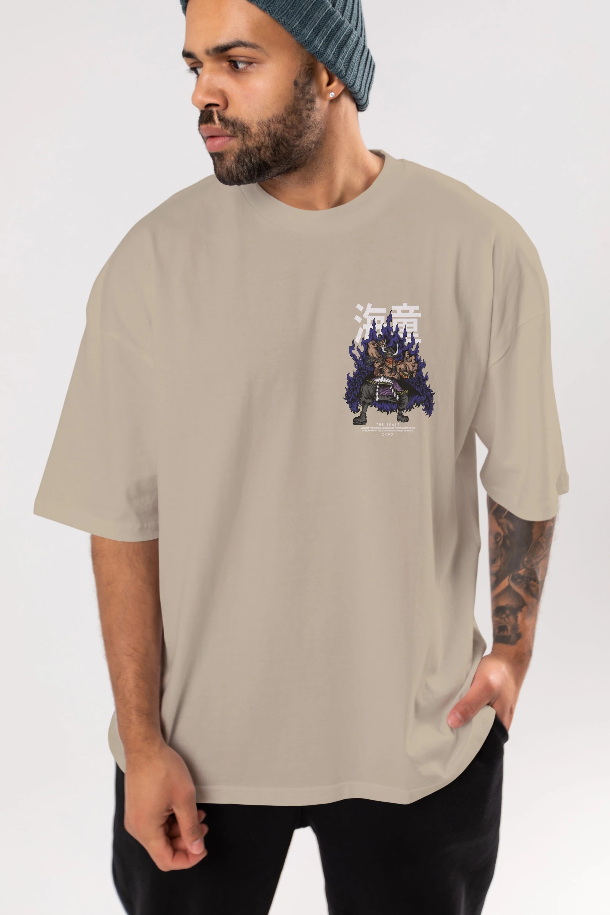 Kaido Ön Sol Baskılı Oversize t-shirt Erkek Kadın Unisex %100 Pamuk Bisiklet Yaka tişort