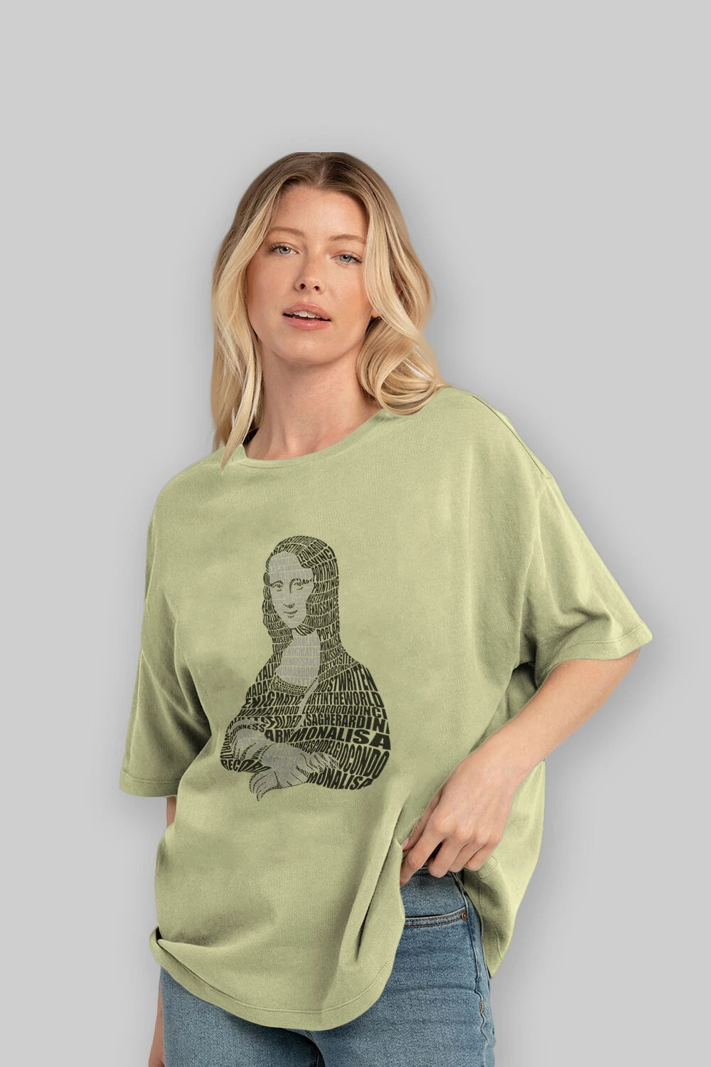Mona Lisa Calligram Ön Baskılı Oversize t-shirt %100 pamuk Erkek Kadın Unisex
