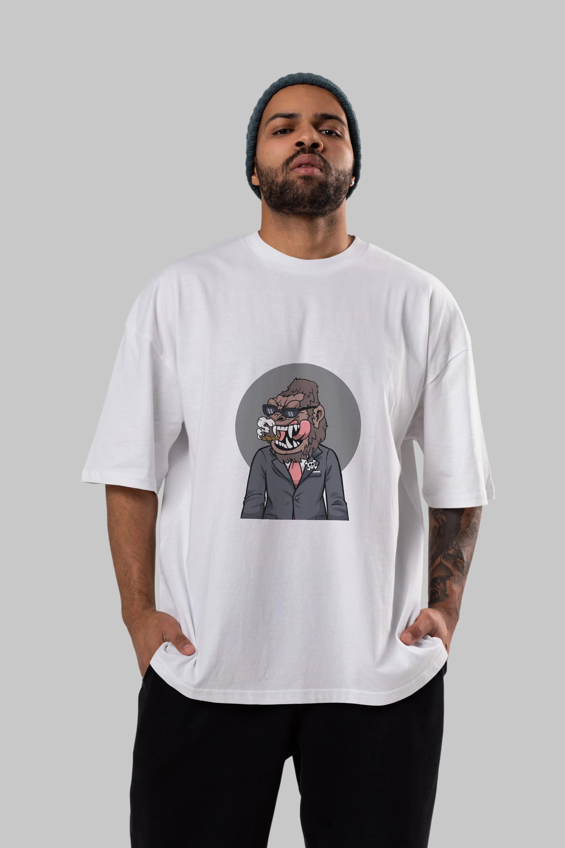 Monkey Suits Ön Baskılı Oversize t-shirt Erkek Kadın Unisex %100 Pamuk tişort