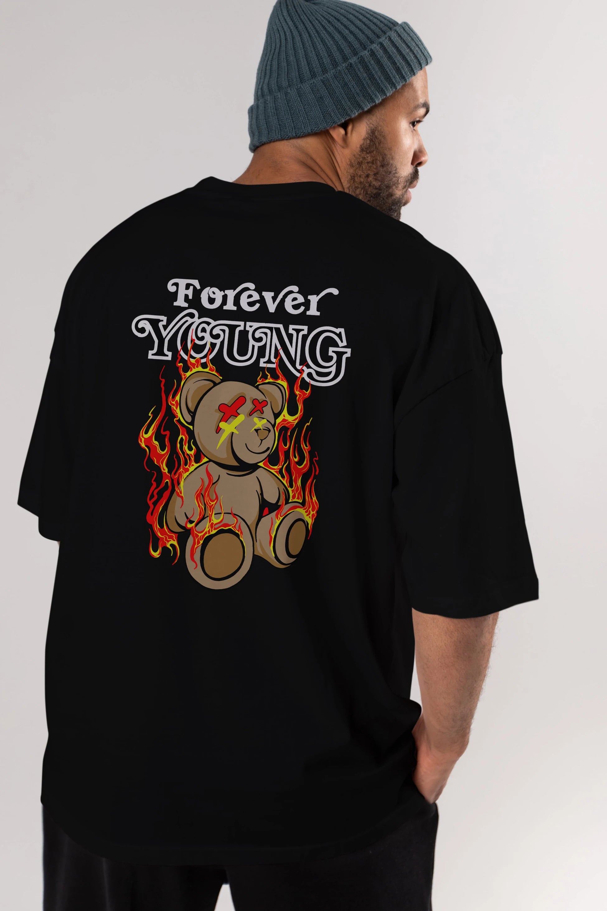 Forever Young Bear Arka Baskılı Oversize t-shirt Erkek Kadın Unisex