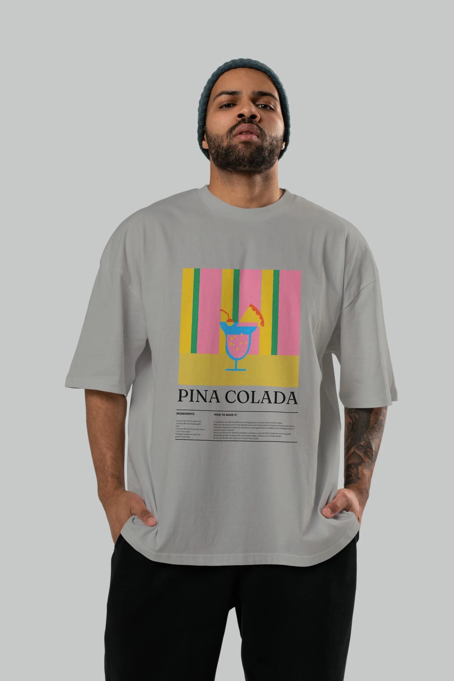 Pina Colada Kokteyl Ön Baskılı Oversize t-shirt Erkek Kadın %100 Pamuk Bisiklet Yaka tişort