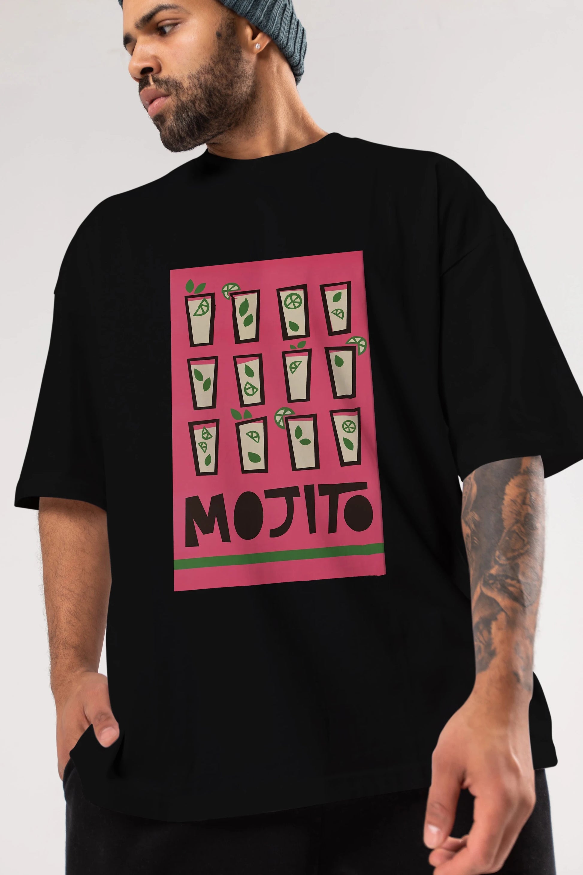 Mojito Ön Baskılı Oversize t-shirt Erkek Kadın Unisex %100 Pamuk Bisiklet Yaka tişort