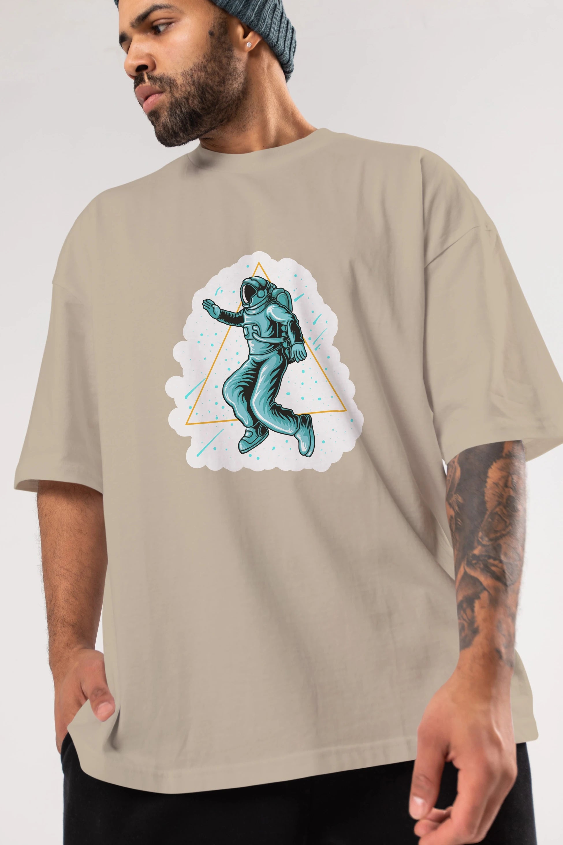 Astronaut Starry Triangle Sticker Ön Baskılı Oversize t-shirt Erkek Kadın Unisex