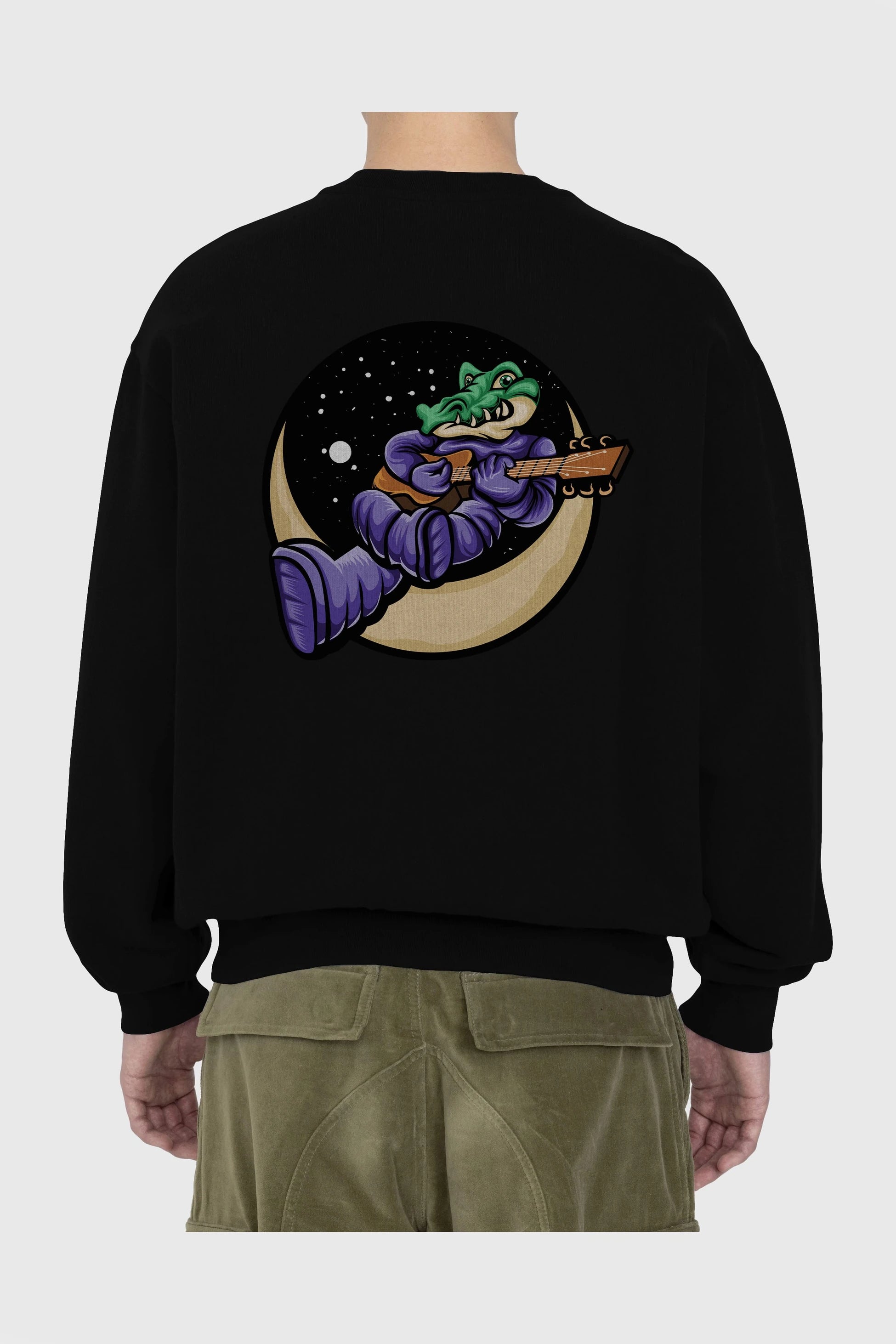 Space Crocodile Arka Baskılı Oversize Sweatshirt Erkek Kadın Unisex