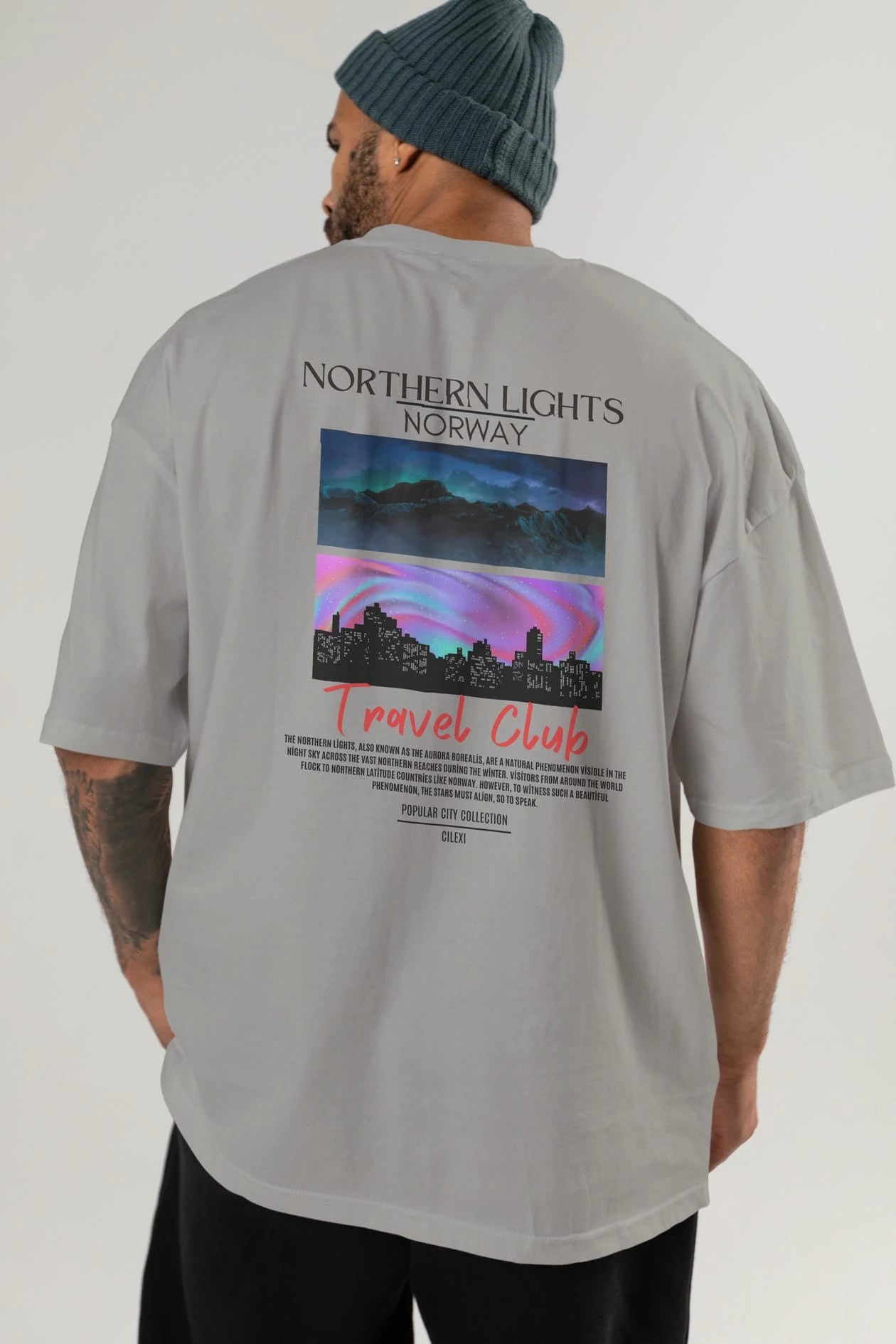 Northern Lights Norway Arka Baskılı Oversize t-shirt Erkek Kadın Pamuk Bisiklet Yaka tişort