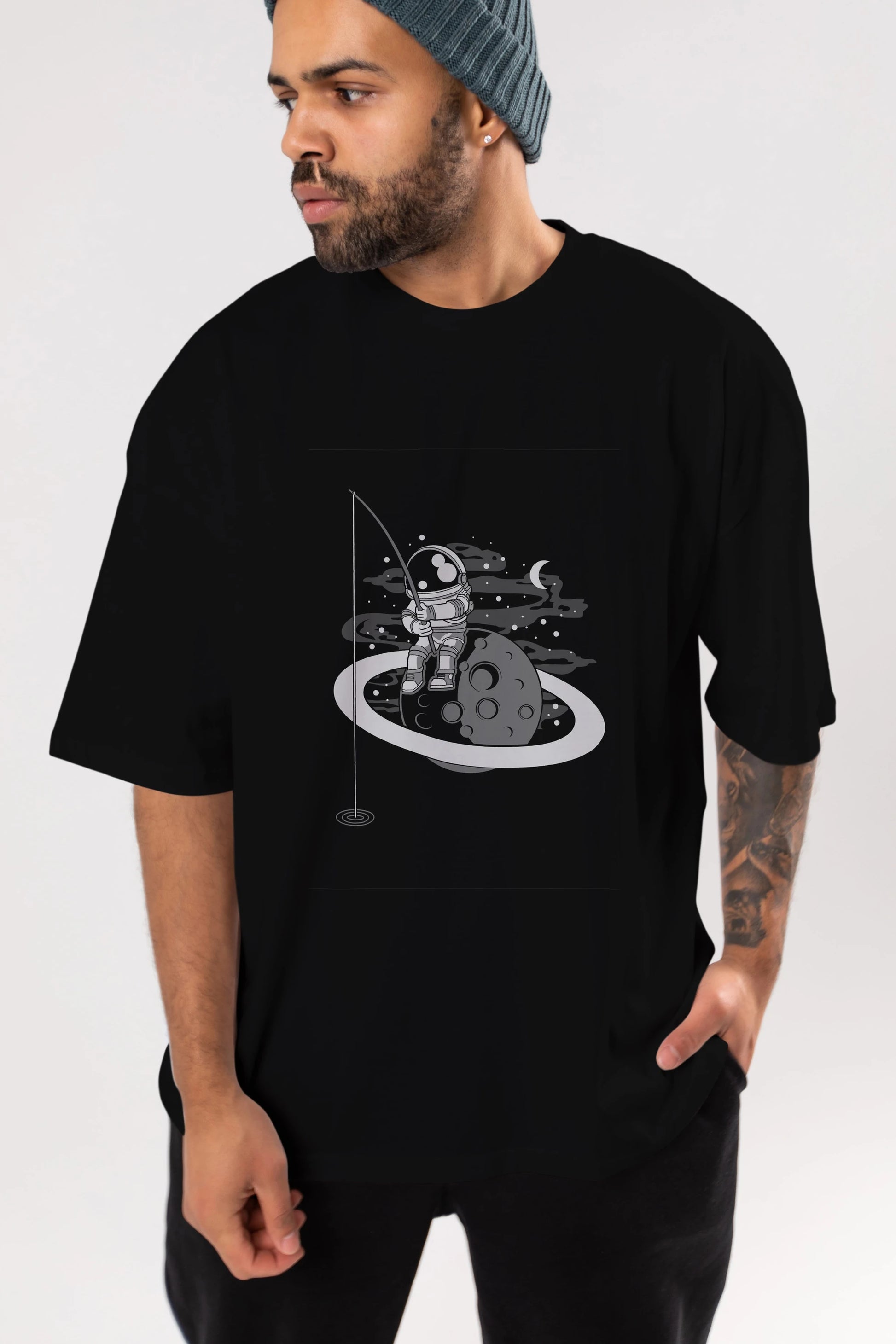 Astronaut  Fishing Ön Baskılı Oversize t-shirt Erkek Kadın Unisex