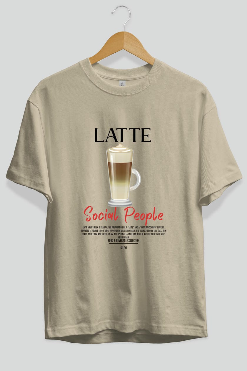 Latte Kokteyl Serisi ön Baskılı Oversize t-shirt Erkek Kadın %100 Pamuk Bisiklet Yaka tişort