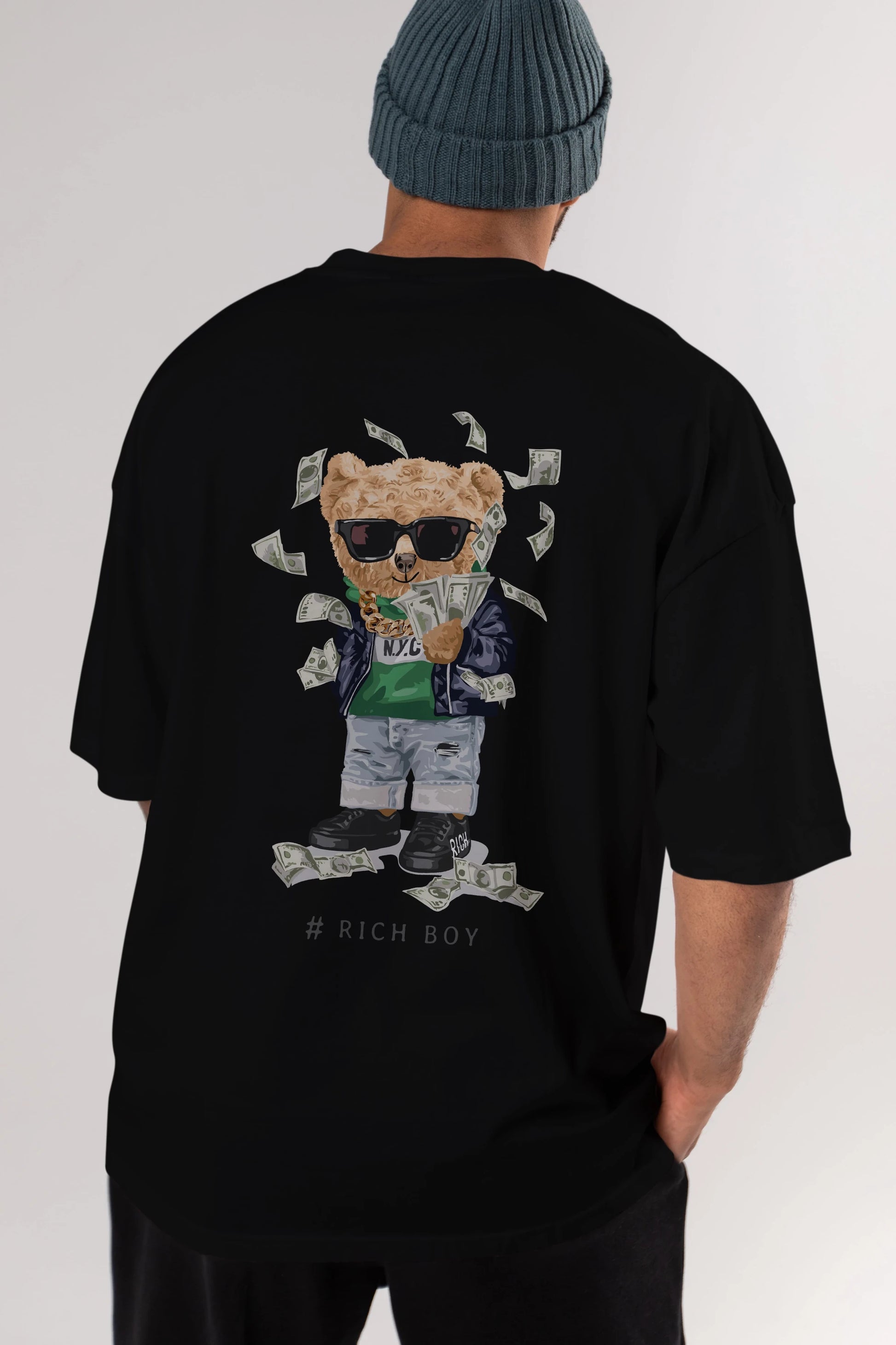 Teddy Bear Rich Boy Arka Baskılı Oversize t-shirt Erkek Kadın Unisex %100 Pamuk