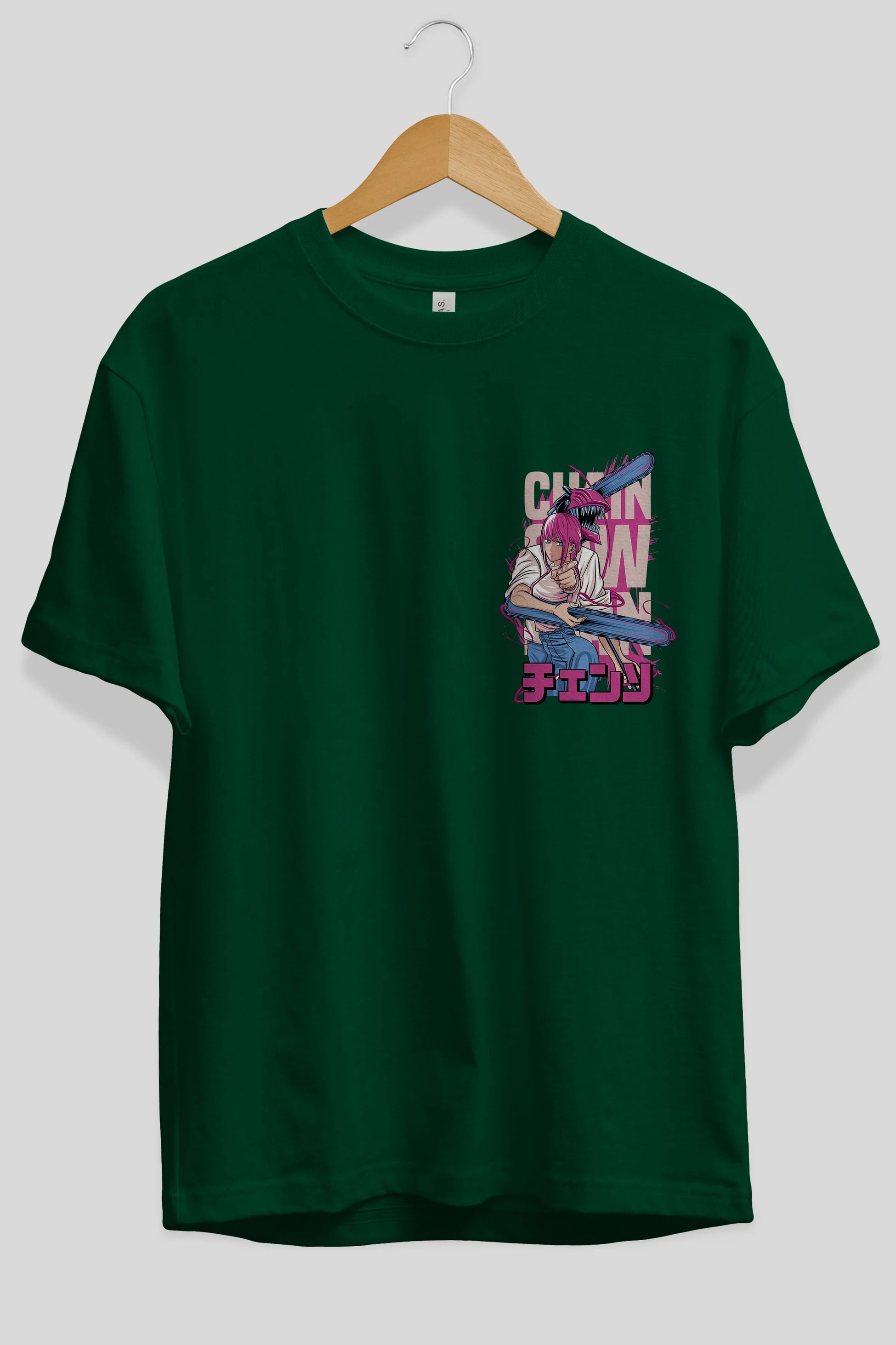 DENJI and MAKIMA Ön Sol Baskılı Oversize t-shirt Erkek Kadın Unisex %100 Pamuk Bisiklet Yaka tişort