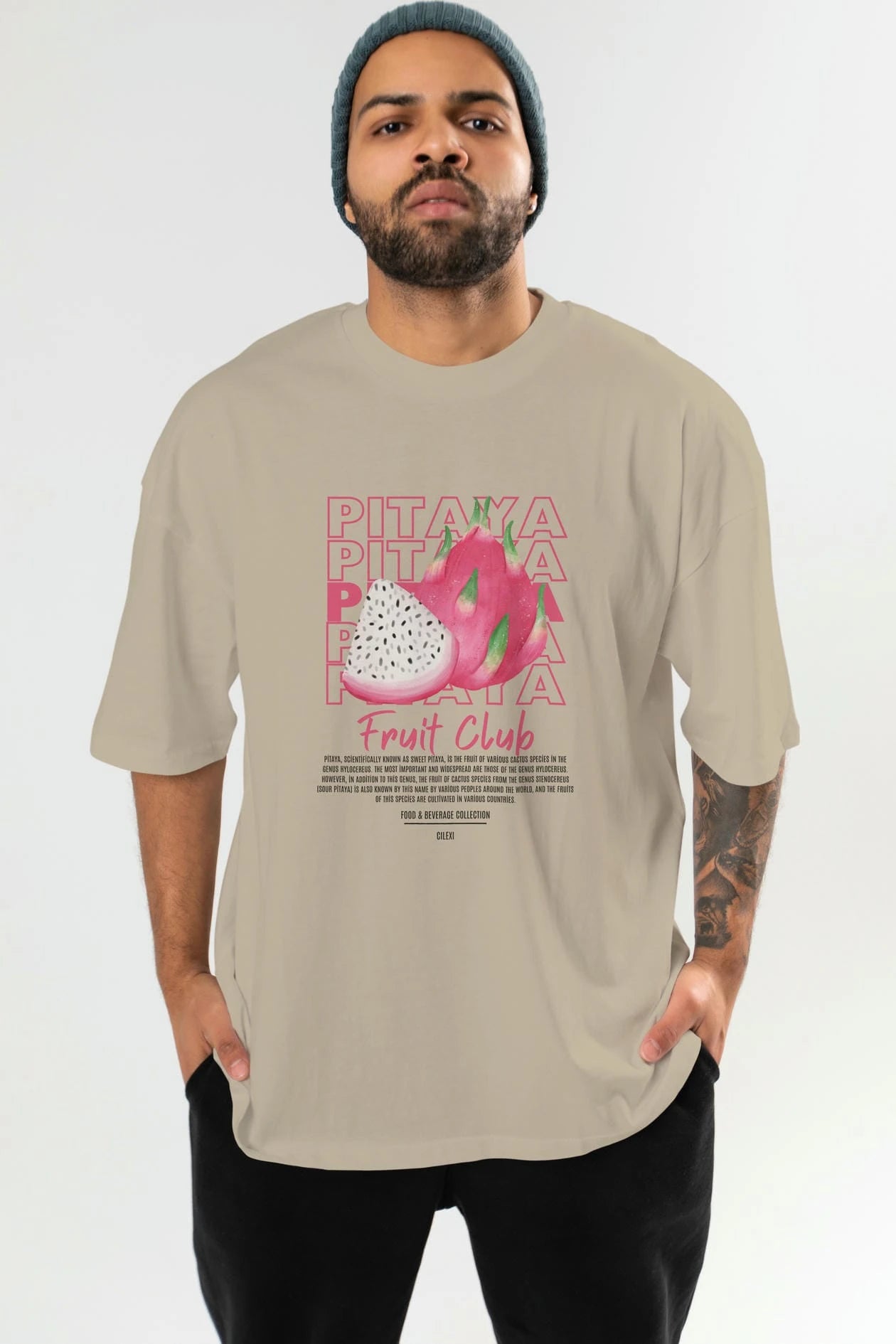 Pitaya Ön Baskılı Oversize t-shirt Erkek Kadın Pamuk Bisiklet Yaka tişort