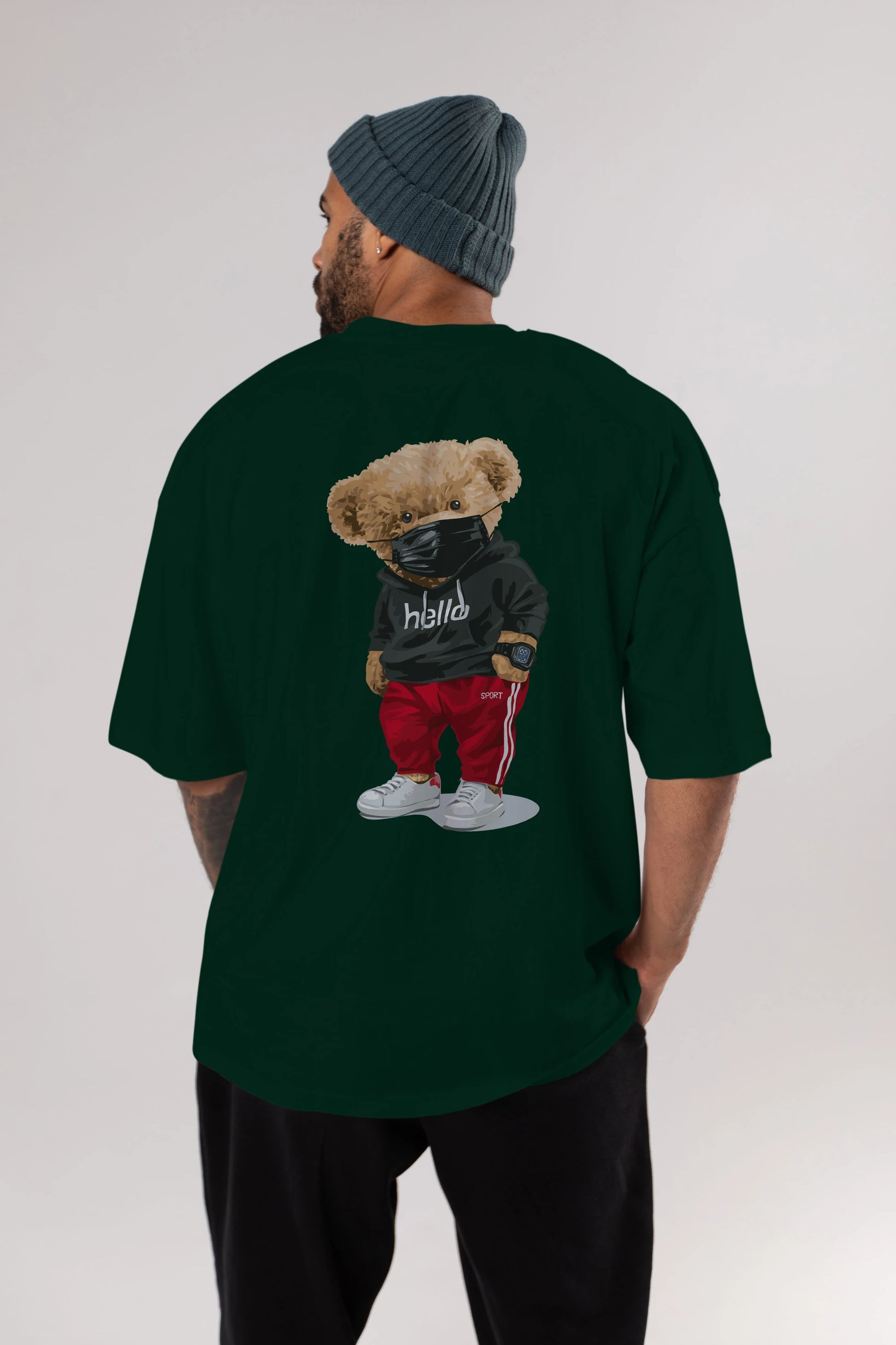 Teddy Bear Hello Sport Arka Baskılı Oversize t-shirt Erkek Kadın Unisex %100 Pamuk