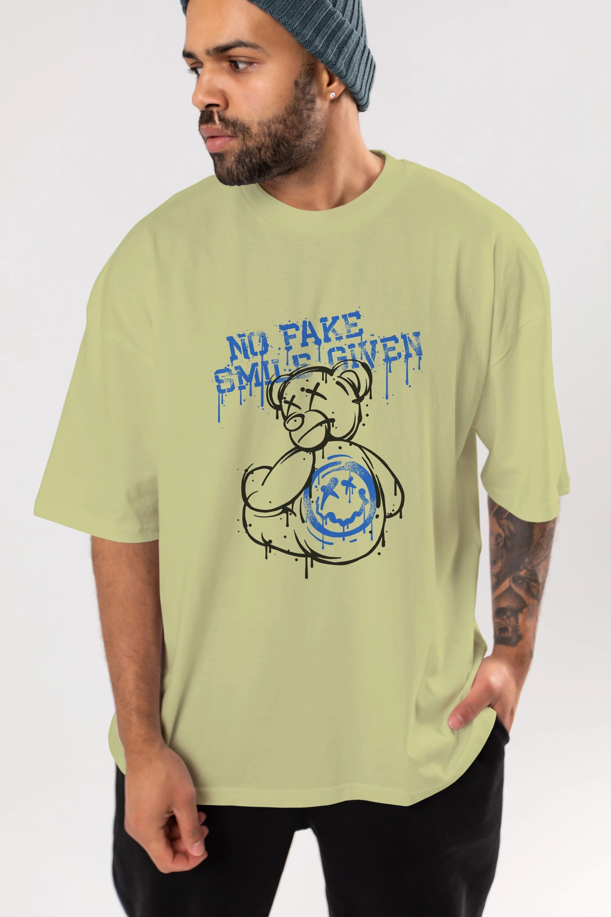 No Fake Smile Given Bear Ön Baskılı Oversize t-shirt Erkek Kadın Unisex