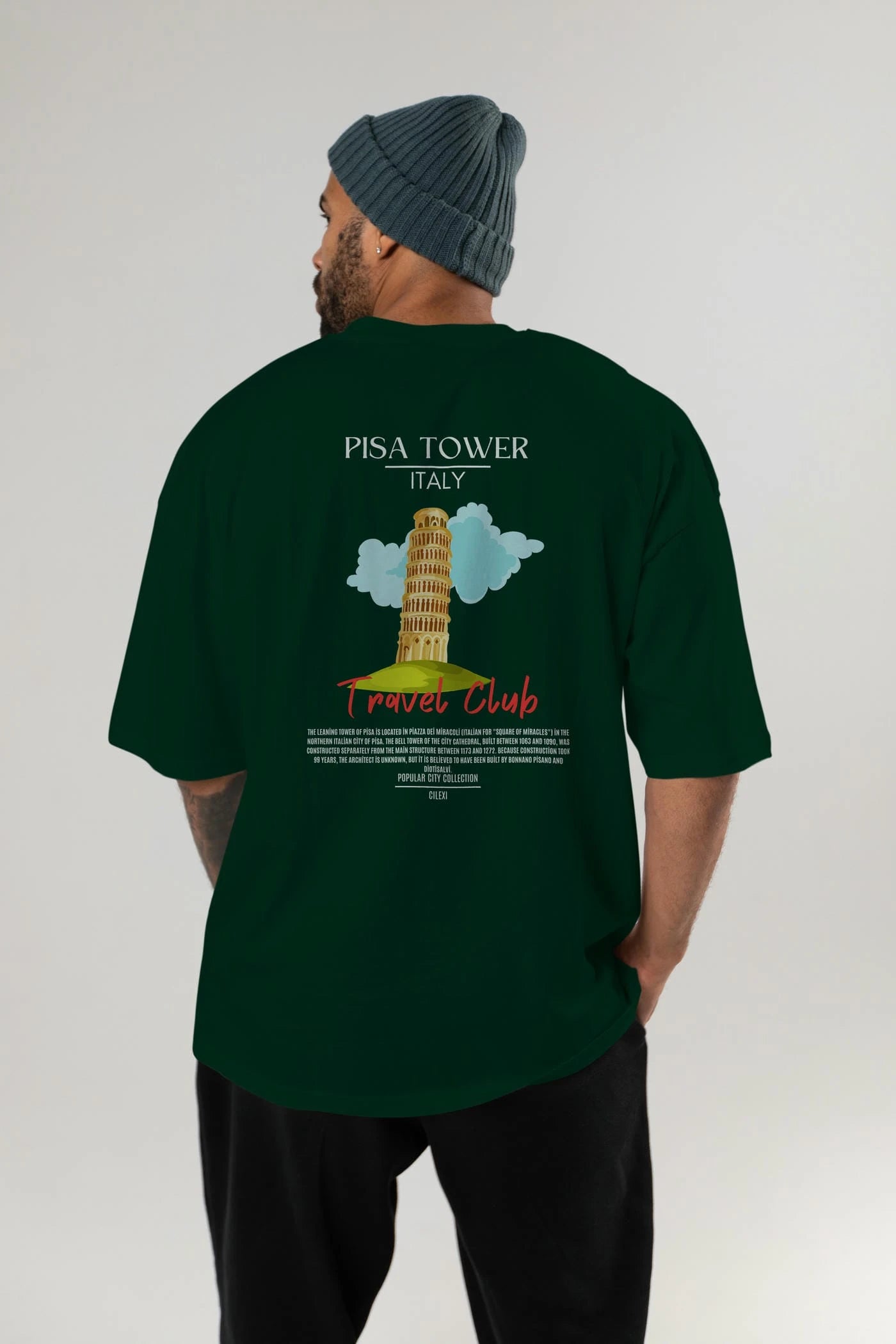 Pisa Tower İtaly Arka Baskılı Oversize t-shirt Erkek Kadın Pamuk Bisiklet Yaka tişort