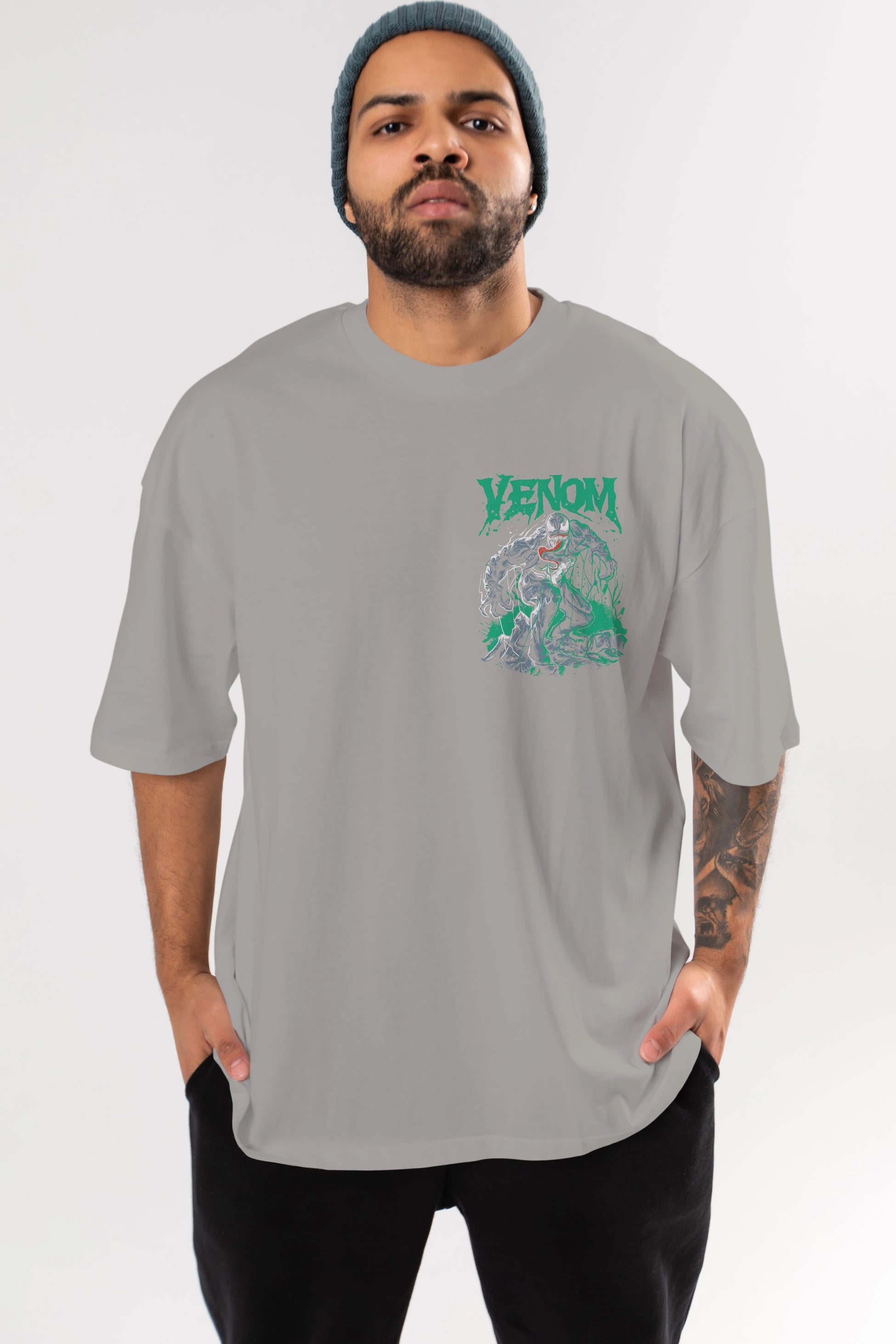 Venom (3) Ön Sol Baskılı Oversize t-shirt Erkek Kadın Unisex %100 Pamuk Bisiklet Yaka tişort