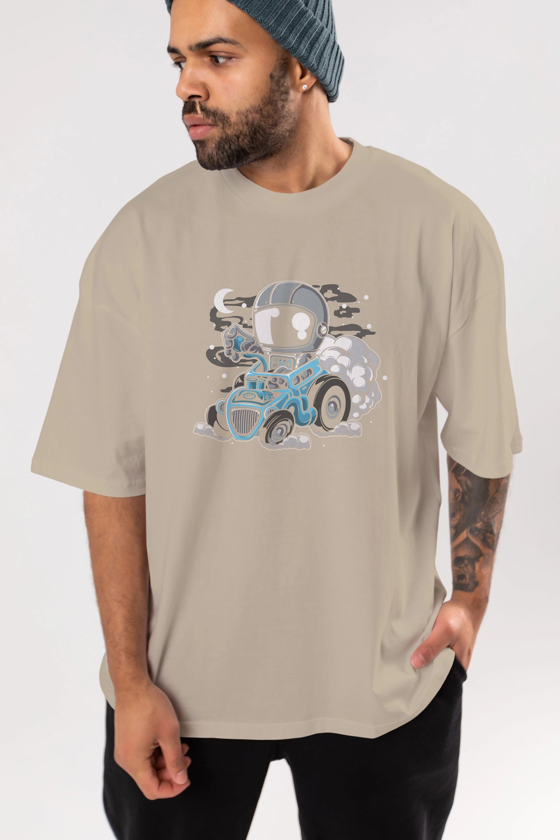 Astronaut Hotrod Ön Baskılı Oversize t-shirt Erkek Kadın Unisex
