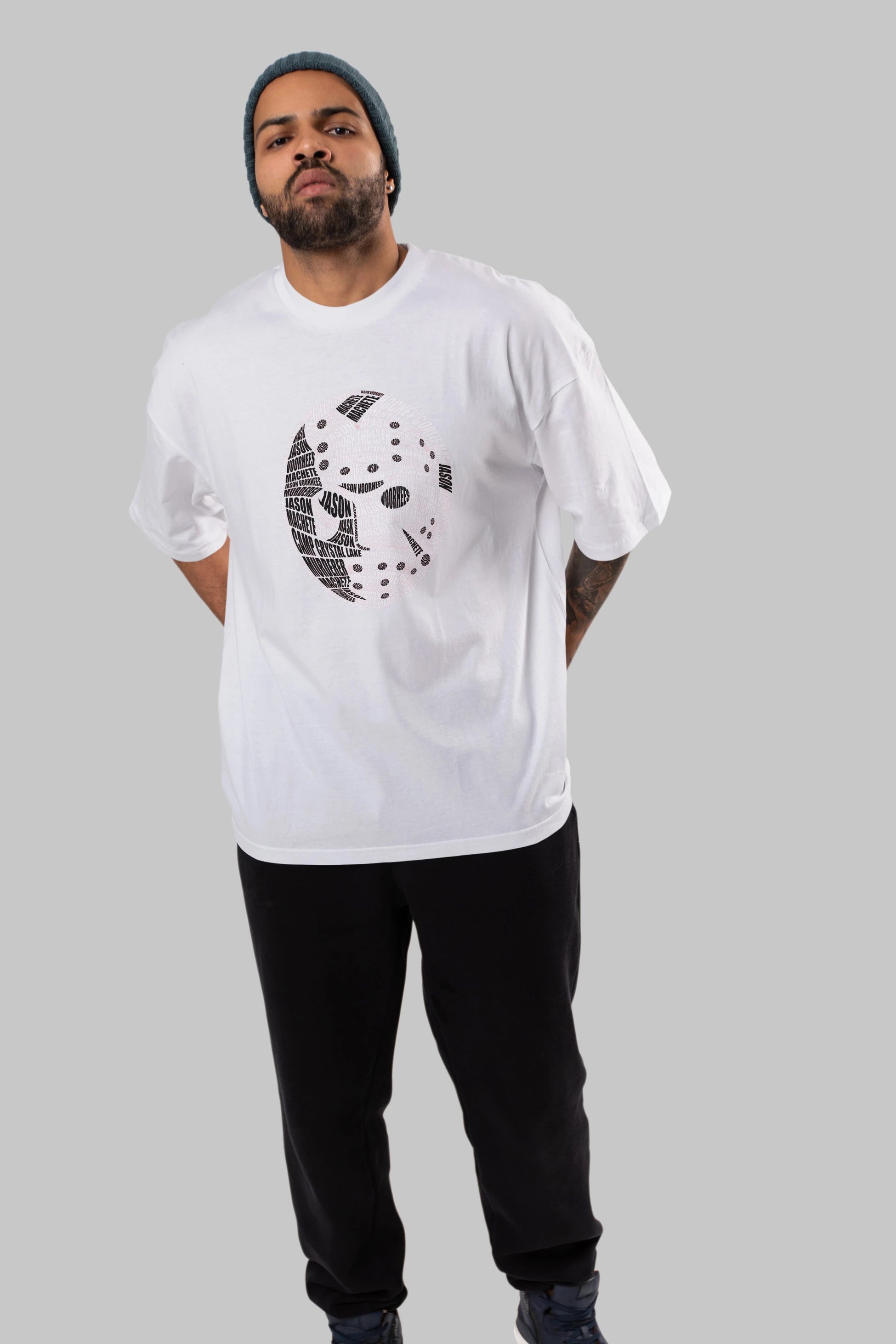 Jason Voorhees Calligram Ön Baskılı Oversize t-shirt %100 pamuk Erkek Kadın Unisex