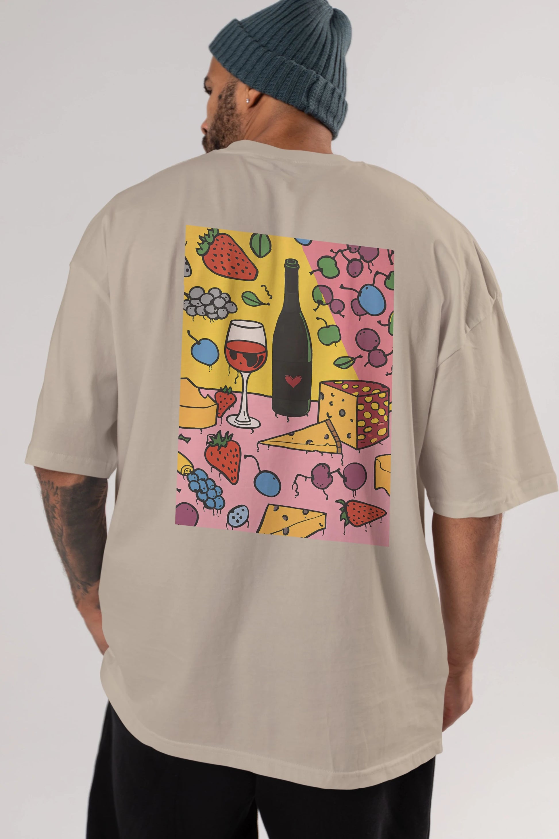 Wine Cheese Fruits Arka Baskılı Oversize t-shirt Erkek Kadın Unisex %100 Pamuk Bisiklet Yaka tişort