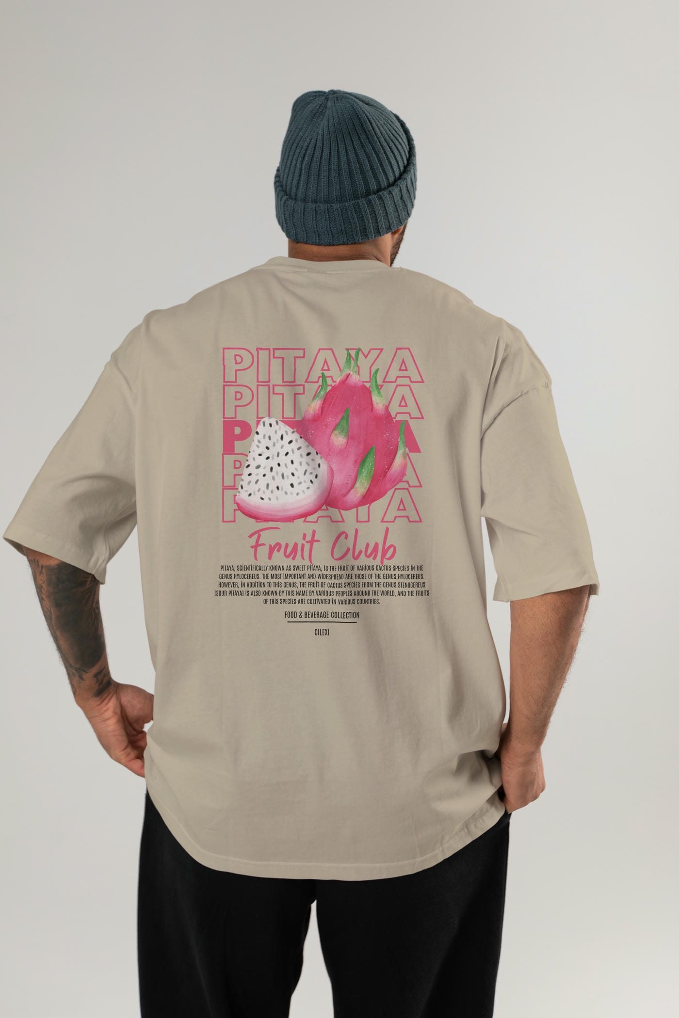 Pitaya Arka Baskılı Oversize t-shirt Erkek Kadın Pamuk Bisiklet Yaka tişort