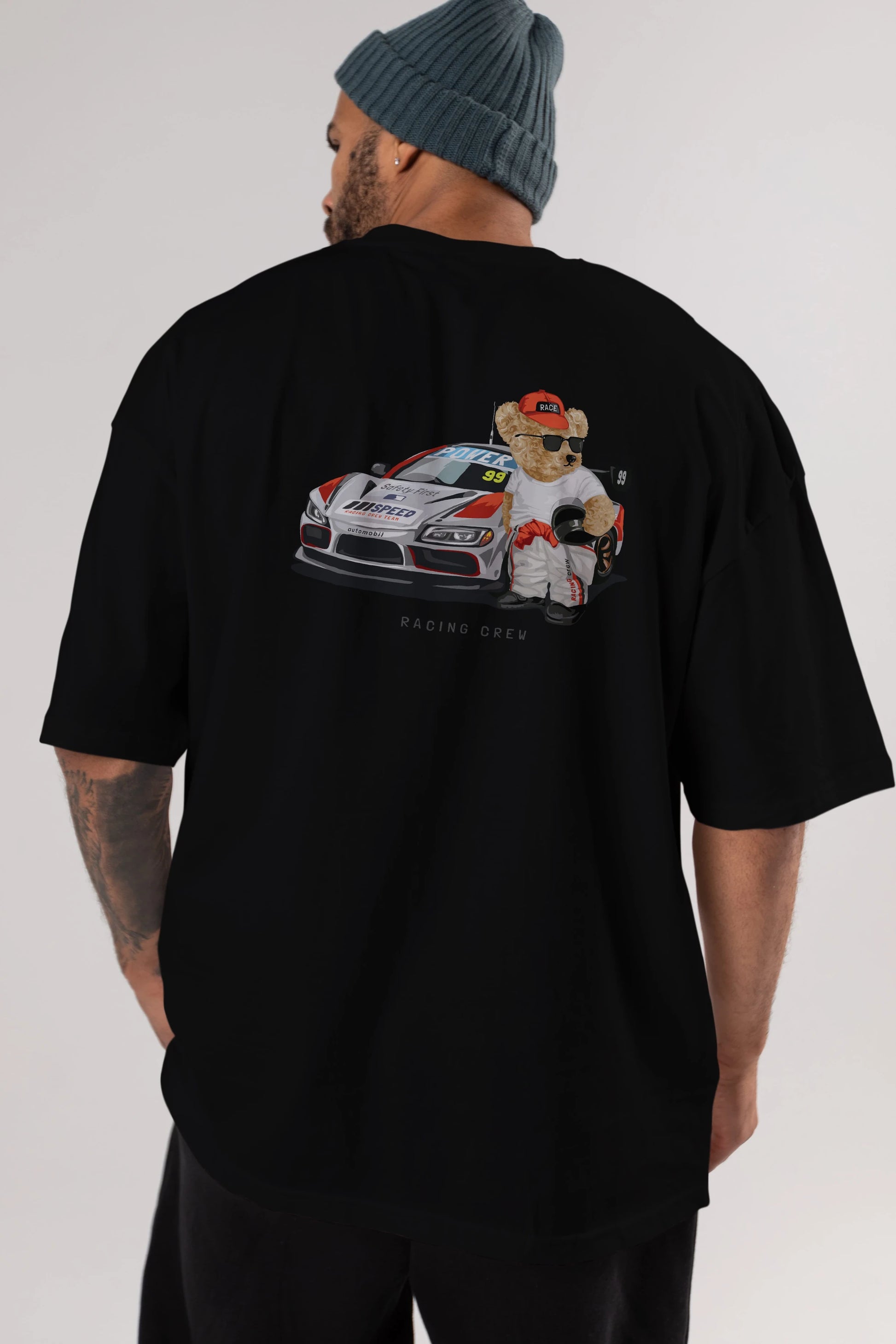 Teddy Bear Racing Crew Arka Baskılı Oversize t-shirt Erkek Kadın Unisex %100 Pamuk
