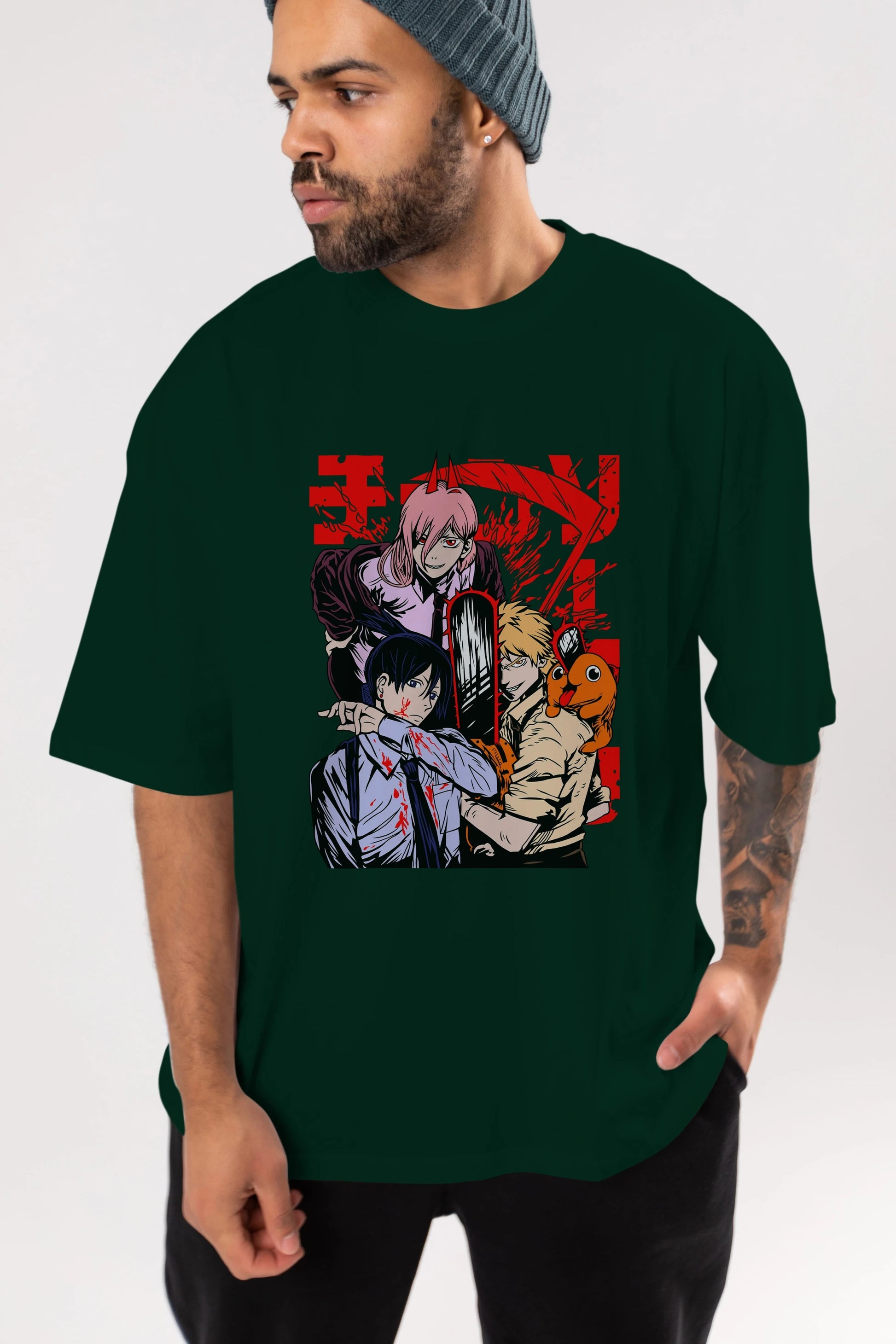CHAINSAWMAN CREW Anime Ön Baskılı Oversize t-shirt %100 pamuk Erkek Kadın Unisex