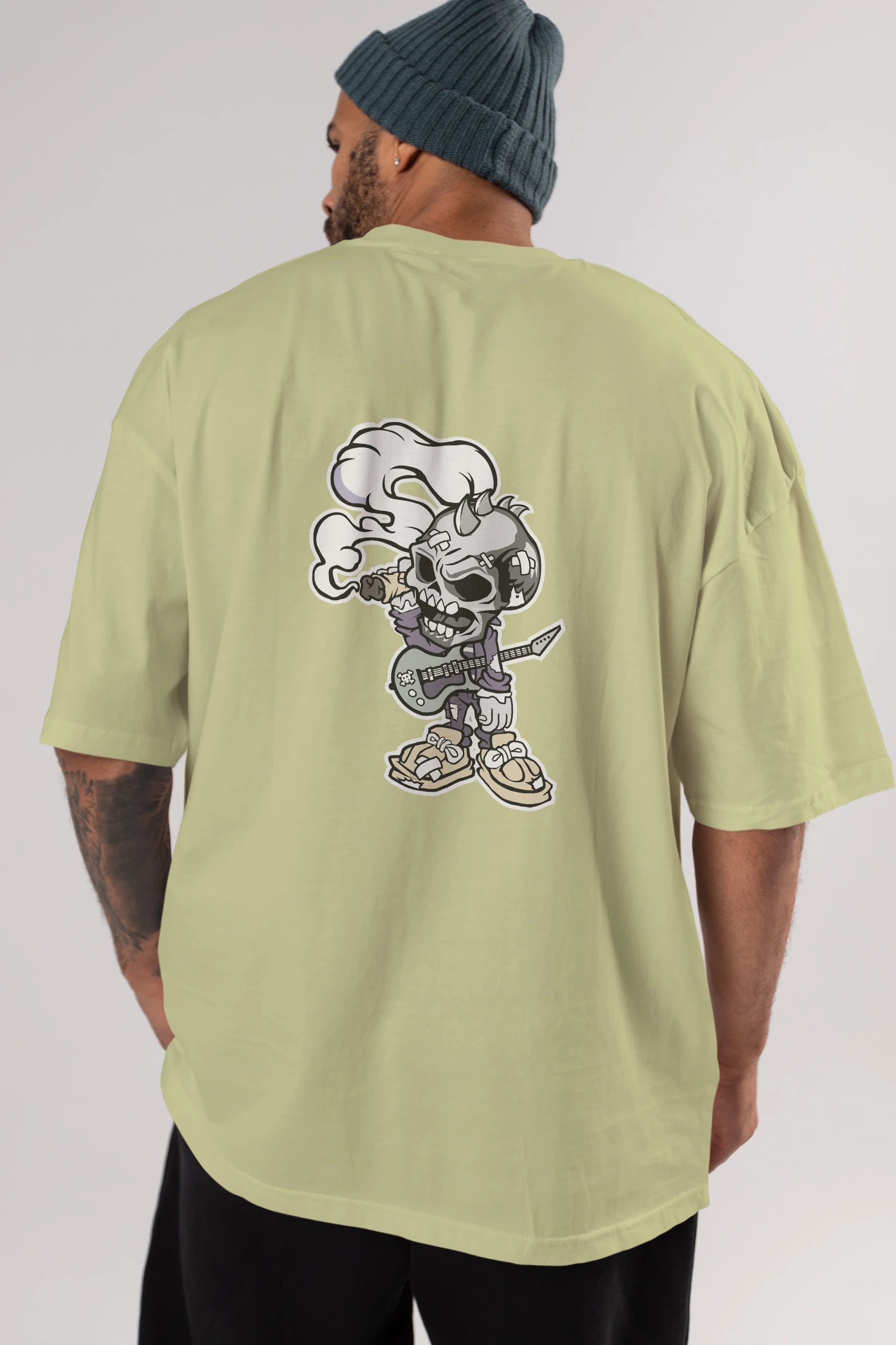 Skull Smoker Punk Rocker Arka Baskılı Oversize t-shirt Erkek Kadın Unisex %100 Pamuk tişort