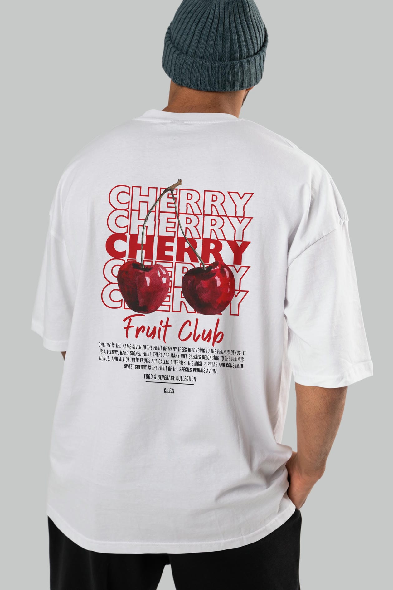 Cherry Arka Baskılı Oversize t-shirt Erkek Kadın Pamuk Bisiklet Yaka tişort