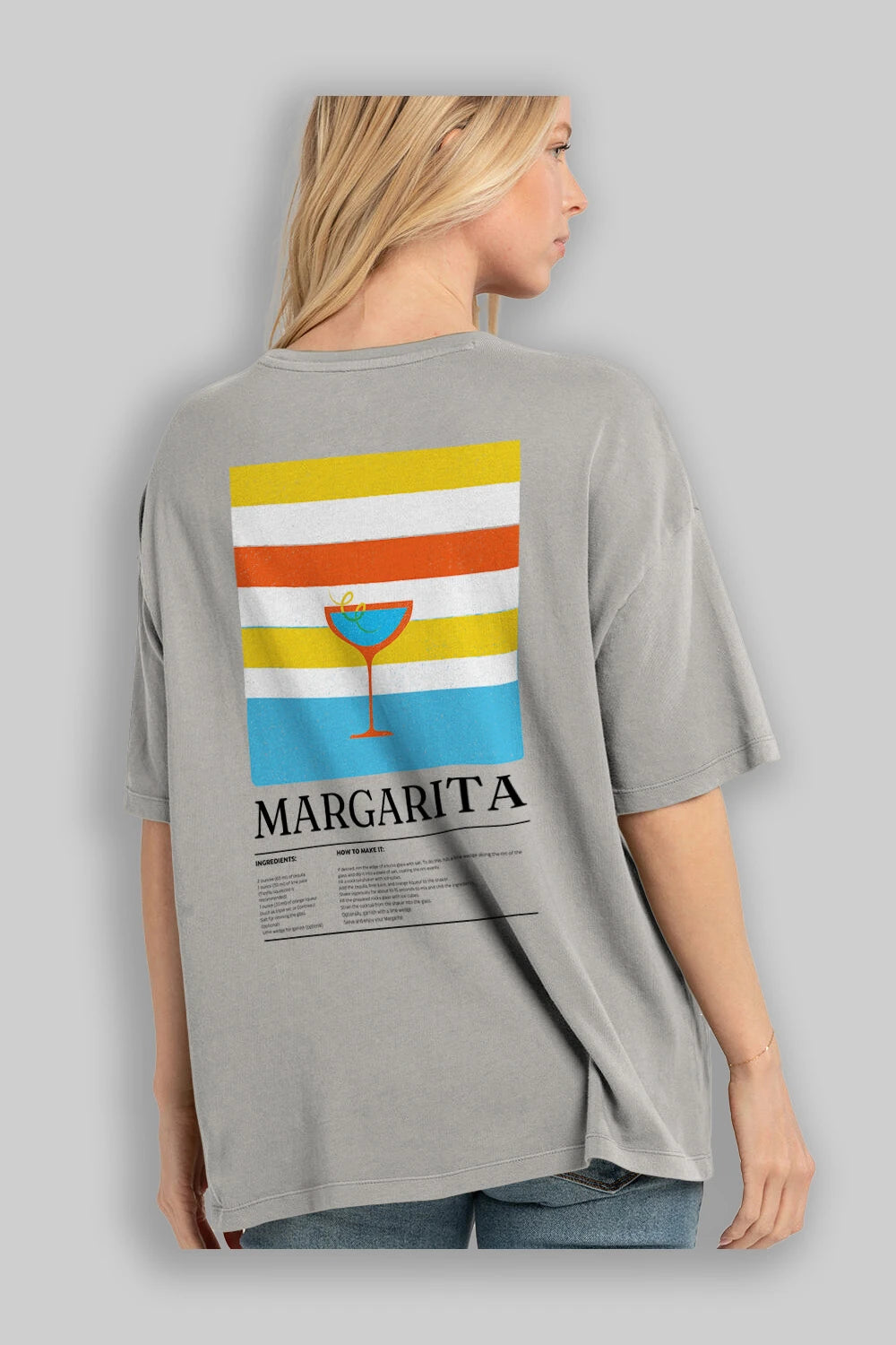 Margarita Kokteyl Serisi Arka Baskılı Oversize t-shirt Erkek Kadın %100 Pamuk Bisiklet Yaka tişort