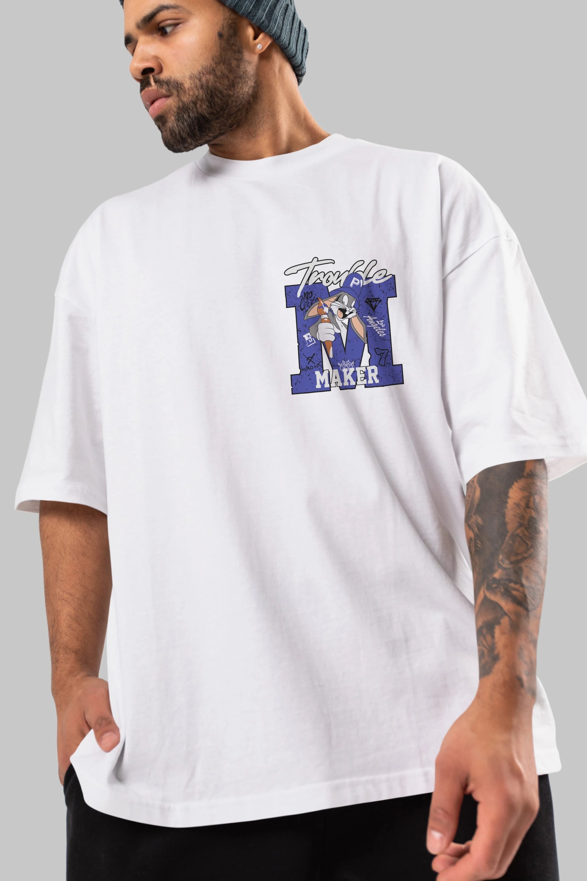 Bugs Bunny Ön Sol Baskılı Oversize t-shirt Erkek Kadın Unisex %100 Pamuk Bisiklet Yaka tişort