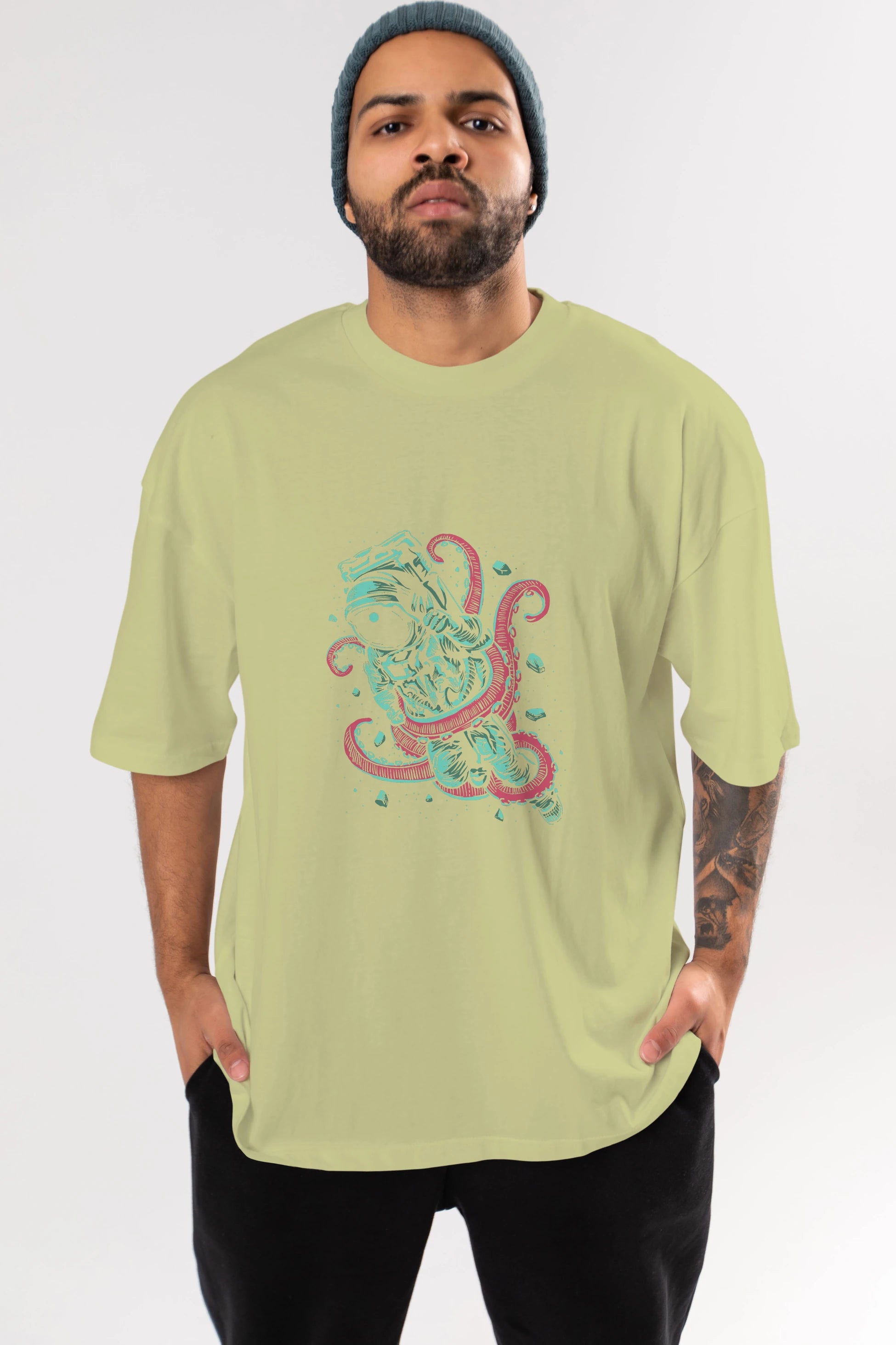 Astronaut Octopus Ön Baskılı Oversize t-shirt Erkek Kadın Unisex %100 Pamuk tişort