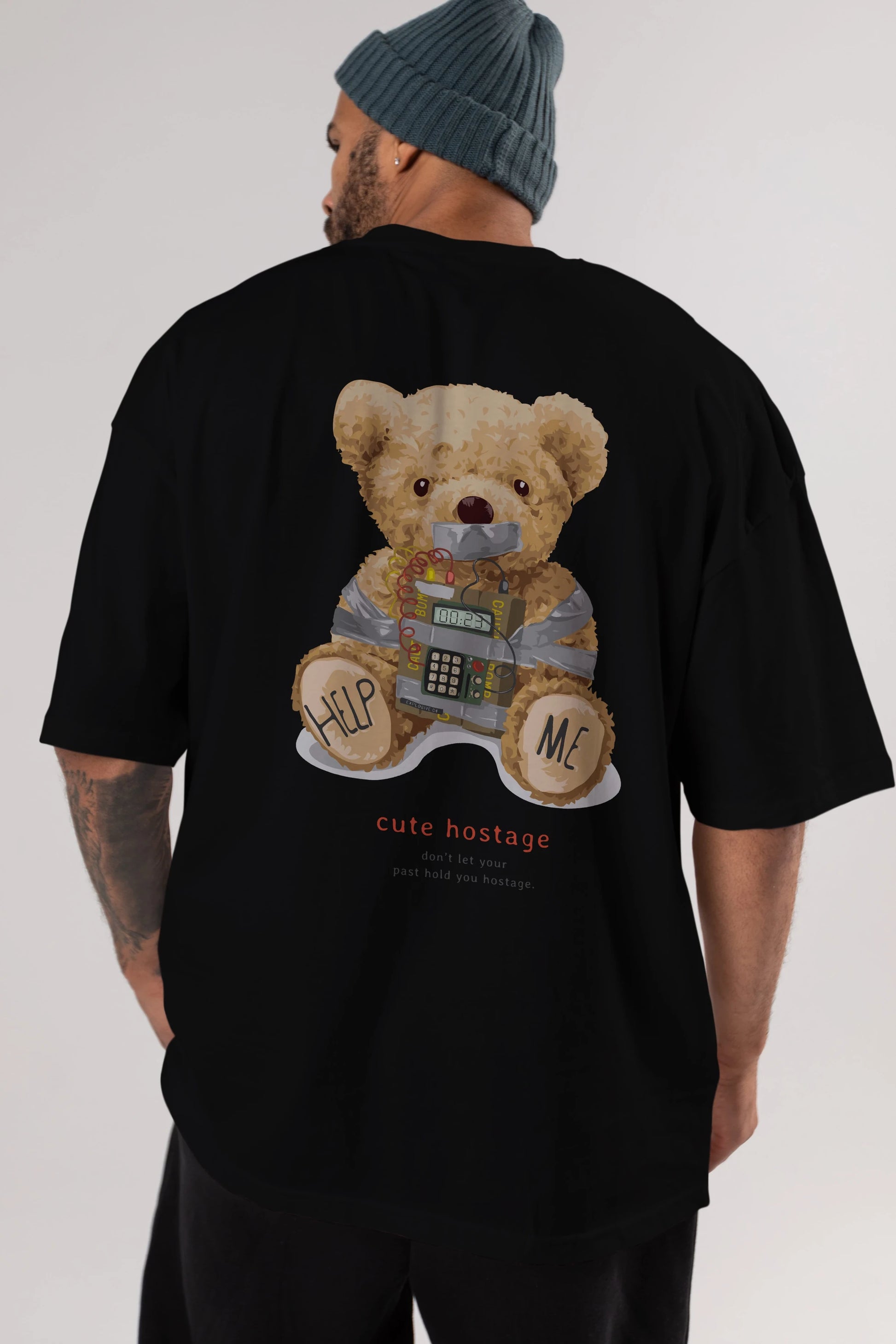 Teddy Bear Help Me Arka Baskılı Oversize t-shirt Erkek Kadın Unisex %100 Pamuk