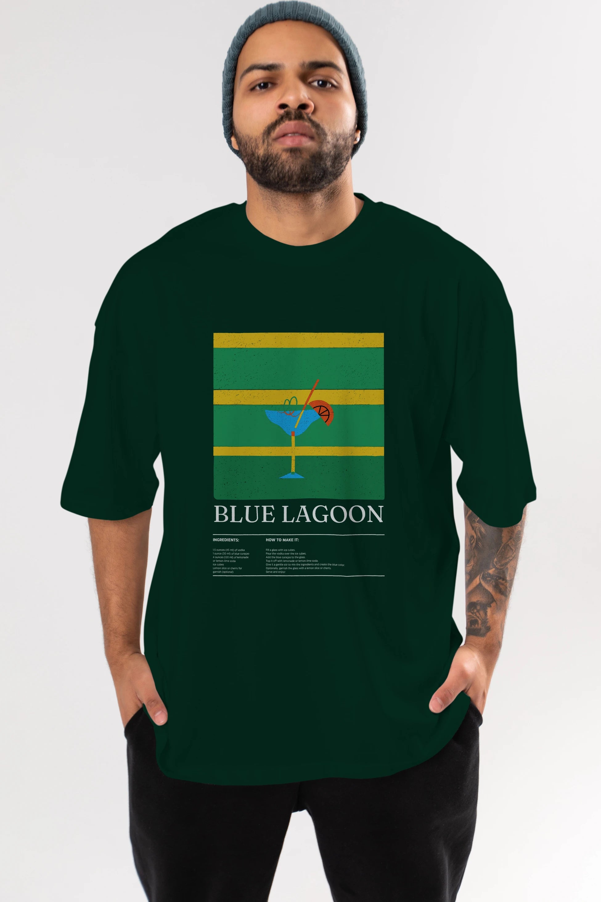 Blue Lagoon Kokteyl Ön Baskılı Oversize t-shirt Erkek Kadın %100 Pamuk Bisiklet Yaka tişort