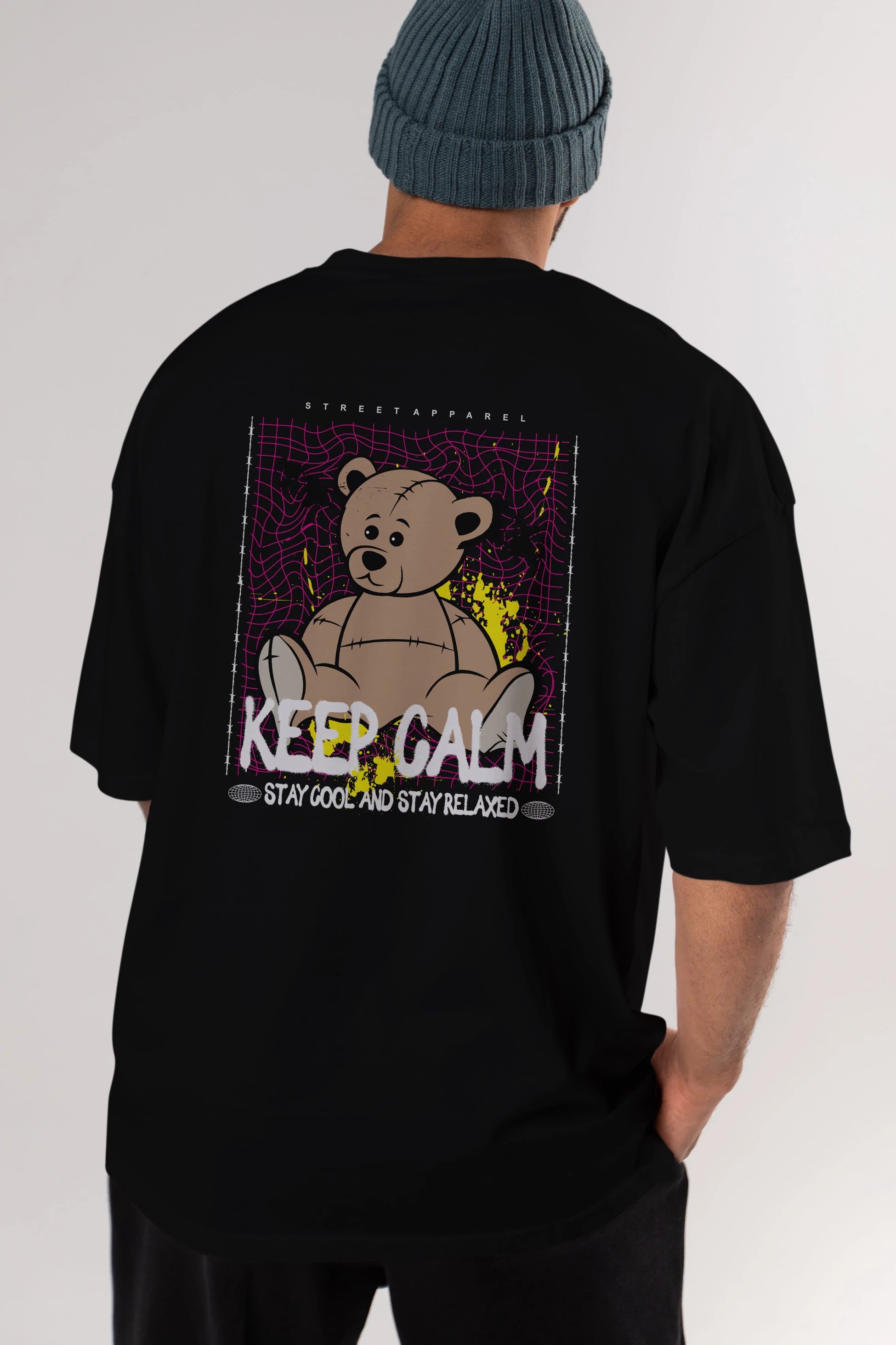 Keep Calm Bear Arka Baskılı Oversize t-shirt Erkek Kadın Unisex