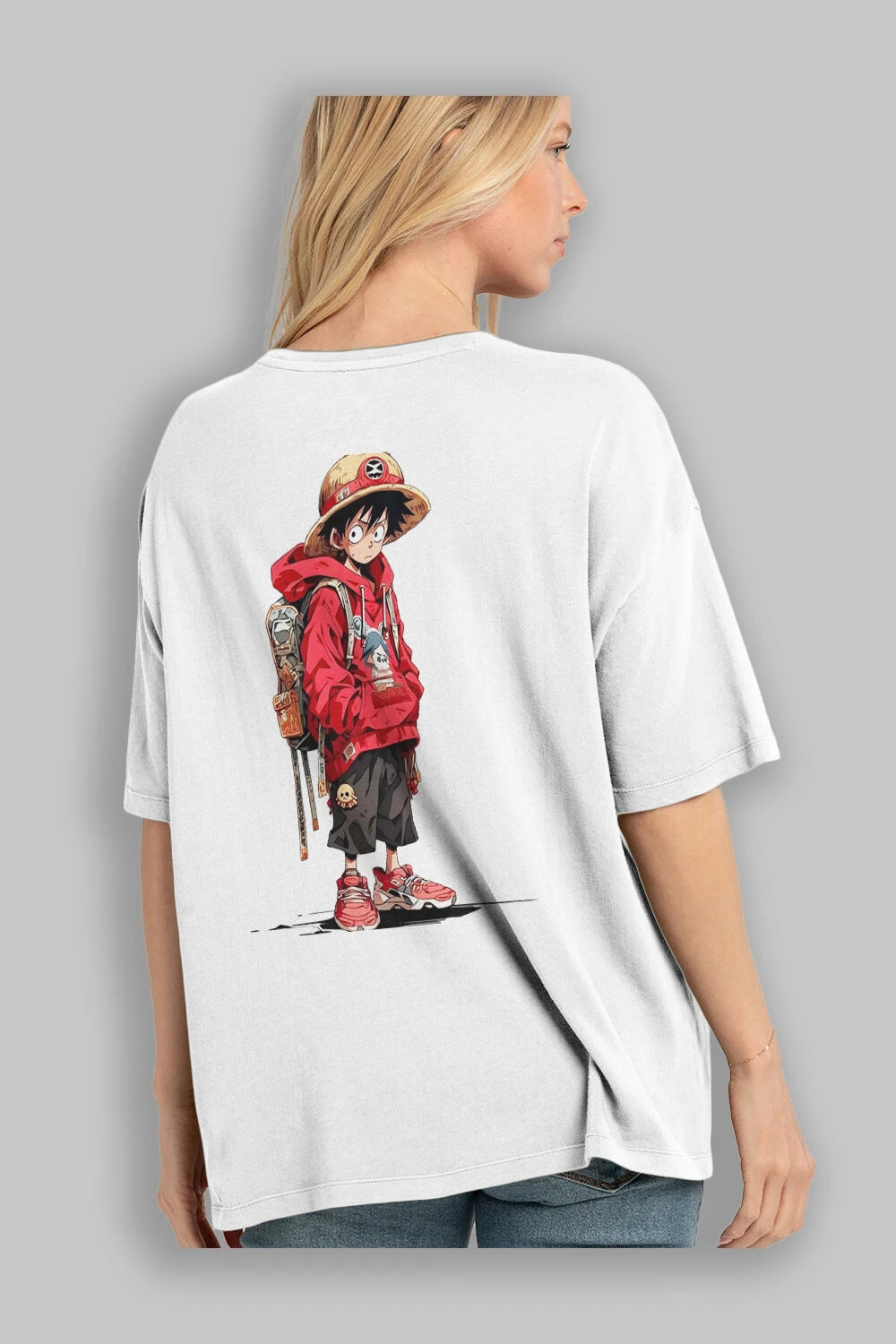 One Piece Arka Baskılı Oversize t-shirt Erkek Kadın Unisex %100 Pamuk Bisiklet Yaka tişort