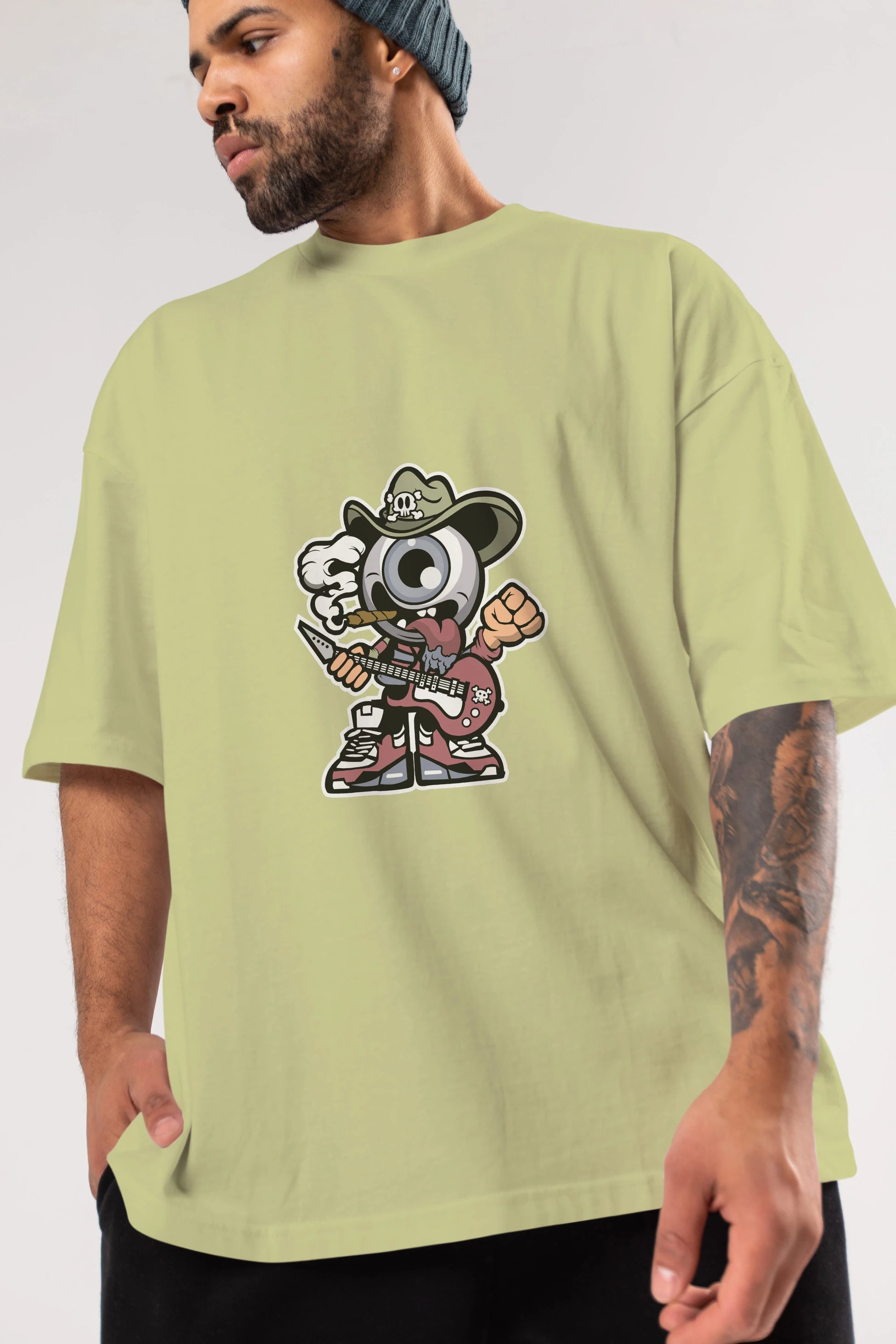 Eyeball Rockstar Cowboy Ön Baskılı Oversize t-shirt Erkek Kadın Unisex %100 Pamuk tişort
